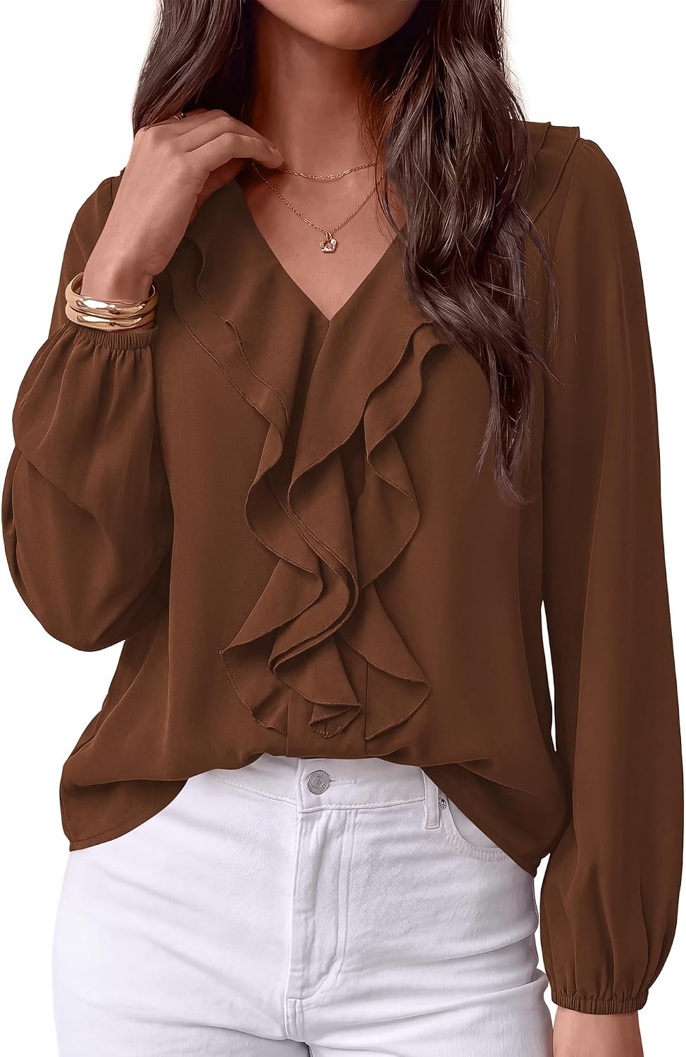 image:imageBTFBM Womens Fall Tops Ruffle Blouses Dressy Casual Double Ruffled Collar V Neck Long Sleeve Shirts Lightweight Fashion Clothing 2026 Trendy Daily Business Office Work ClothesBrown