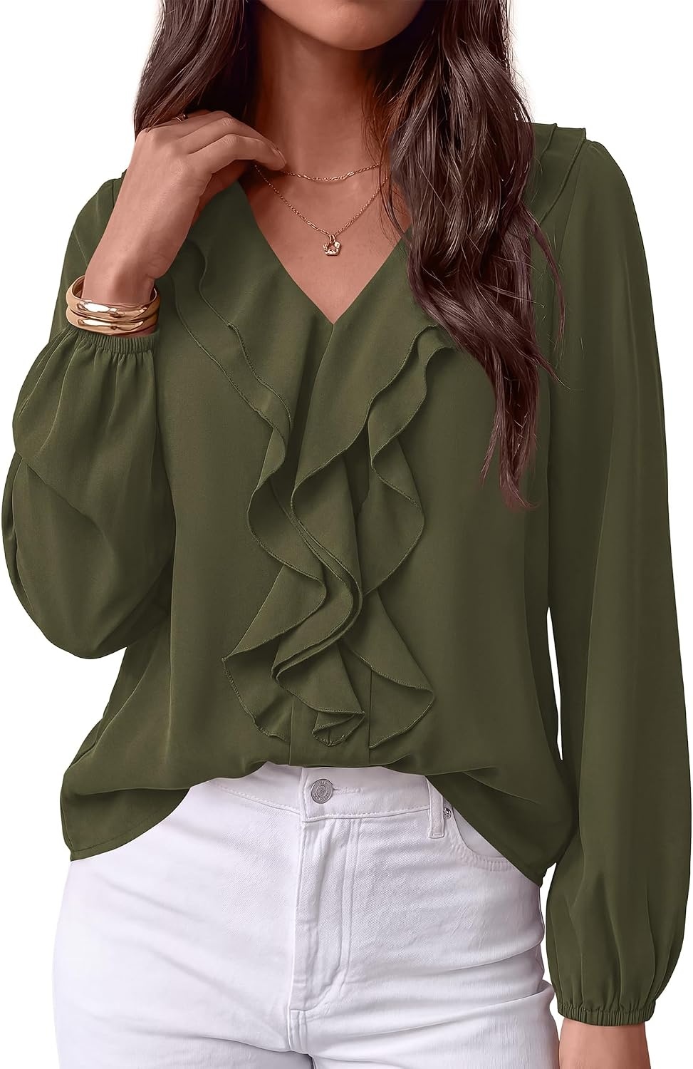 image:imageBTFBM Womens Fall Tops Ruffle Blouses Dressy Casual Double Ruffled Collar V Neck Long Sleeve Shirts Lightweight Fashion Clothing 2026 Trendy Daily Business Office Work ClothesArmy Green