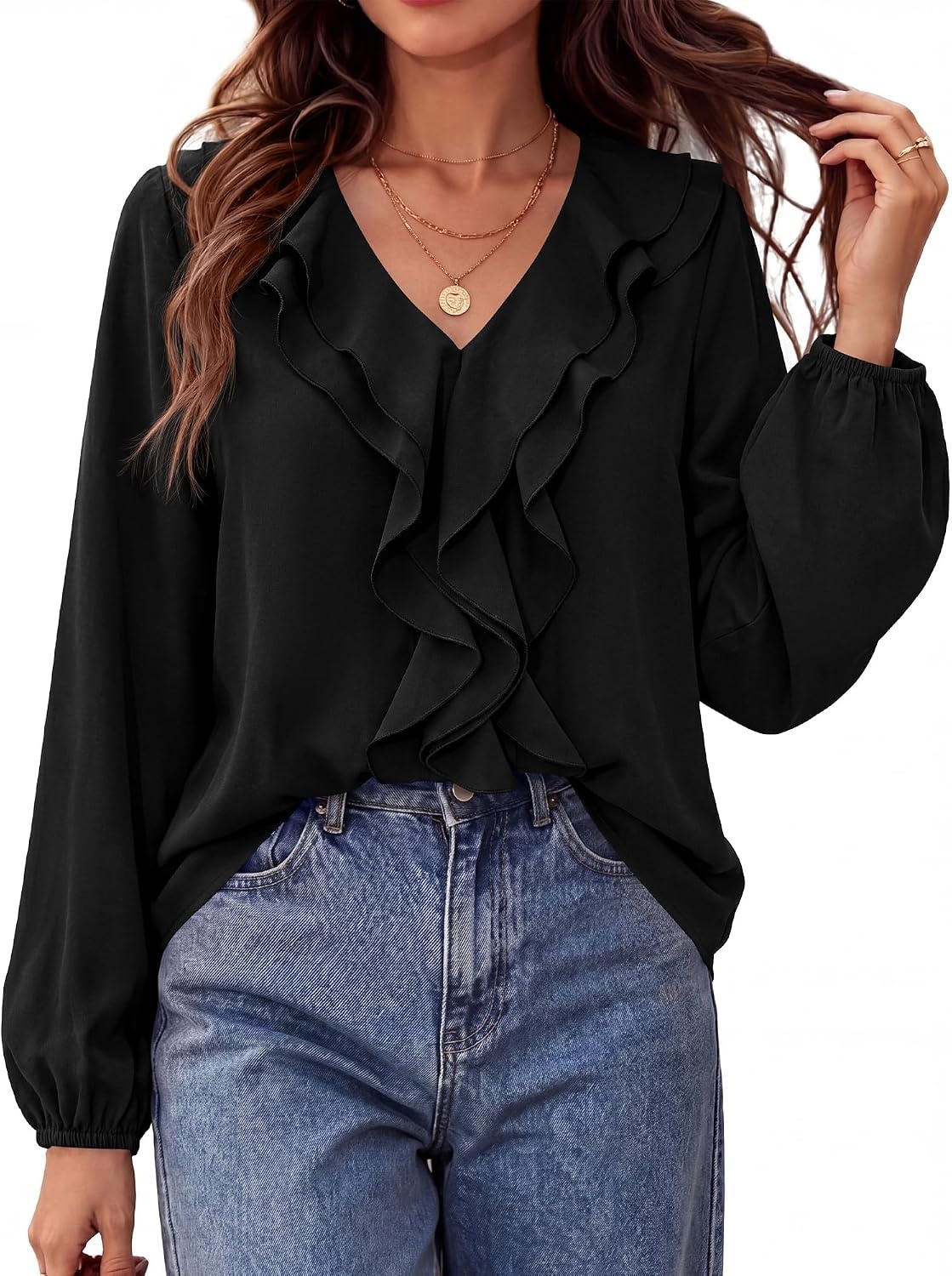 image:imageBTFBM Womens Fall Tops Ruffle Blouses Dressy Casual Double Ruffled Collar V Neck Long Sleeve Shirts Lightweight Fashion Clothing 2026 Trendy Daily Business Office Work ClothesBlack