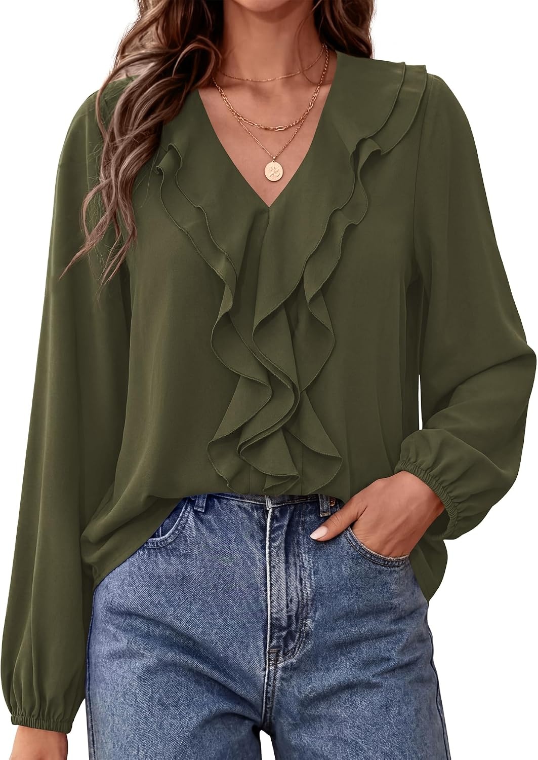 image:imageBTFBM Womens Fall Tops Ruffle Blouses Dressy Casual Double Ruffled Collar V Neck Long Sleeve Shirts Lightweight Fashion Clothing 2026 Trendy Daily Business Office Work ClothesArmy Green