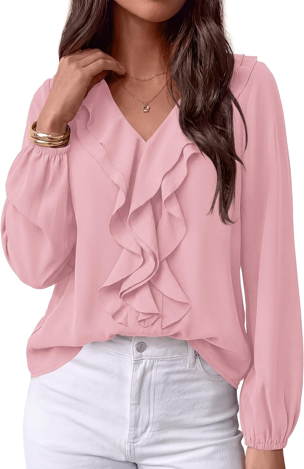 image:imageBTFBM Womens Fall Tops Ruffle Blouses Dressy Casual Double Ruffled Collar V Neck Long Sleeve Shirts Lightweight Fashion Clothing 2026 Trendy Daily Business Office Work ClothesPink
