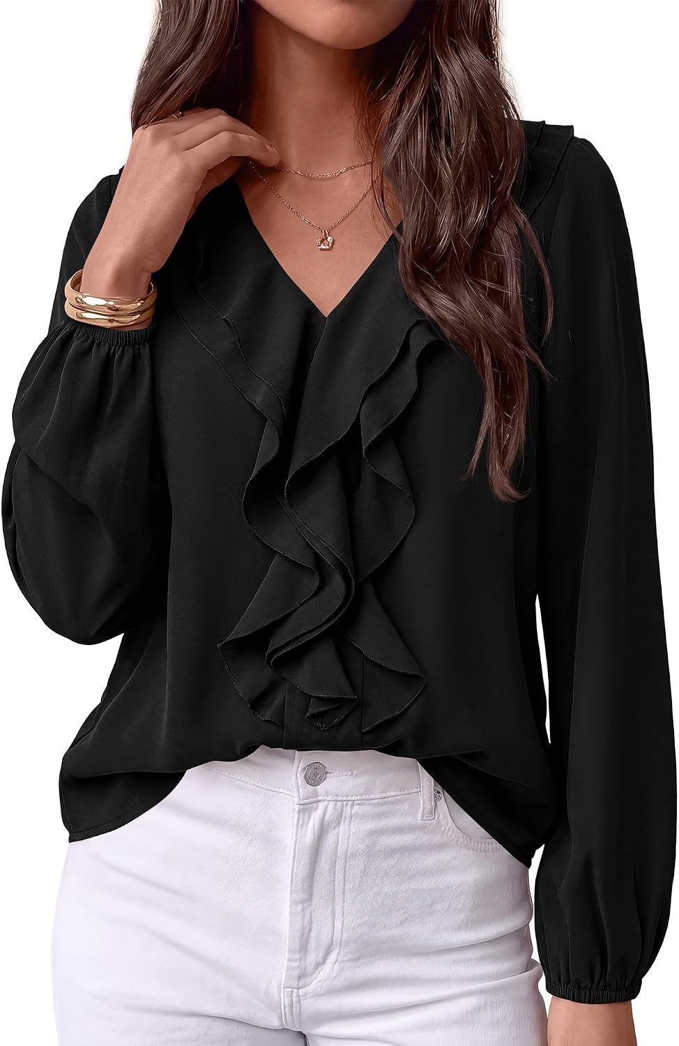 image:imageBTFBM Womens Fall Tops Ruffle Blouses Dressy Casual Double Ruffled Collar V Neck Long Sleeve Shirts Lightweight Fashion Clothing 2026 Trendy Daily Business Office Work ClothesBlack