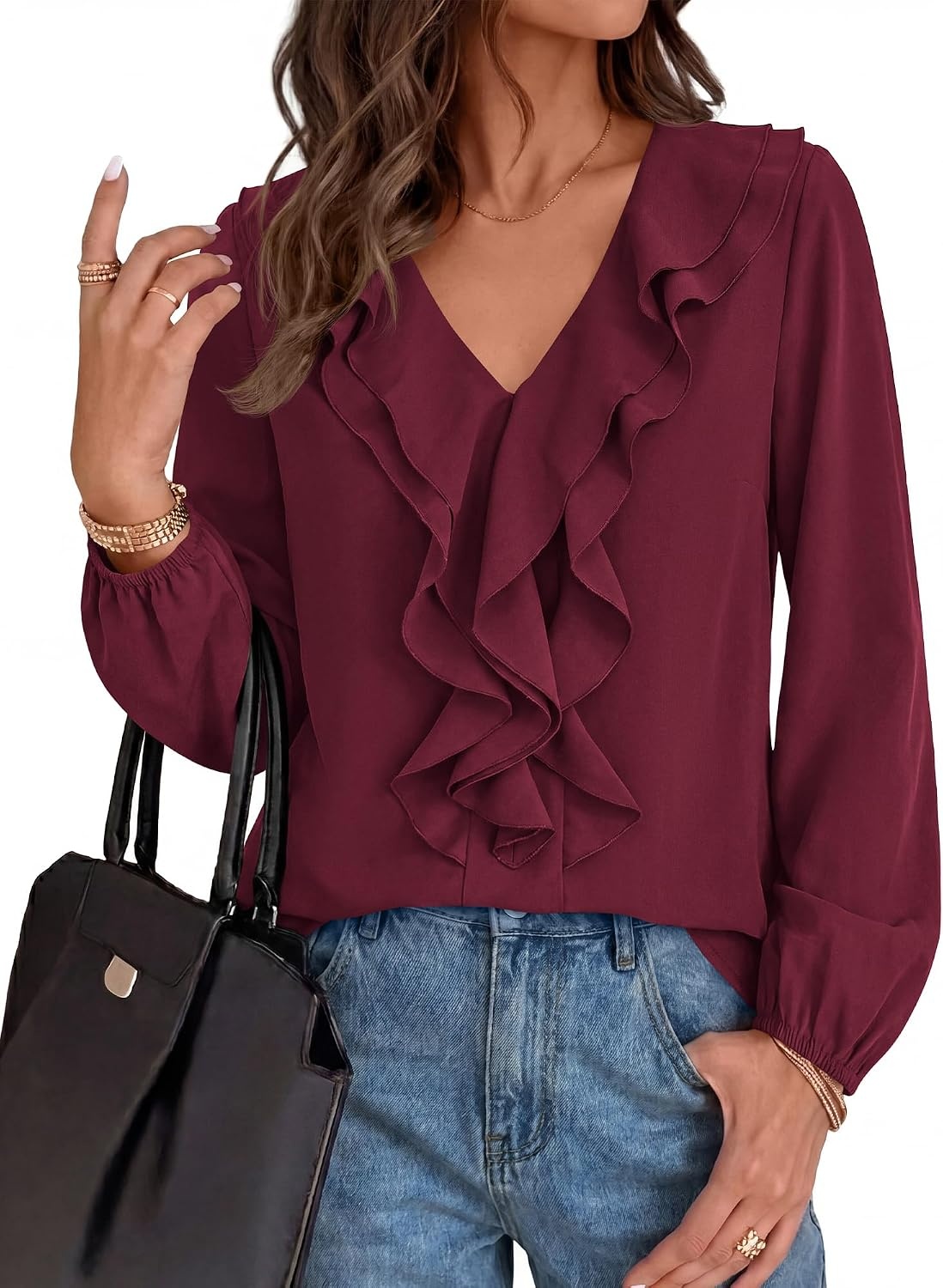 image:imageBTFBM Womens Fall Tops Ruffle Blouses Dressy Casual Double Ruffled Collar V Neck Long Sleeve Shirts Lightweight Fashion Clothing 2026 Trendy Daily Business Office Work ClothesBurgundy