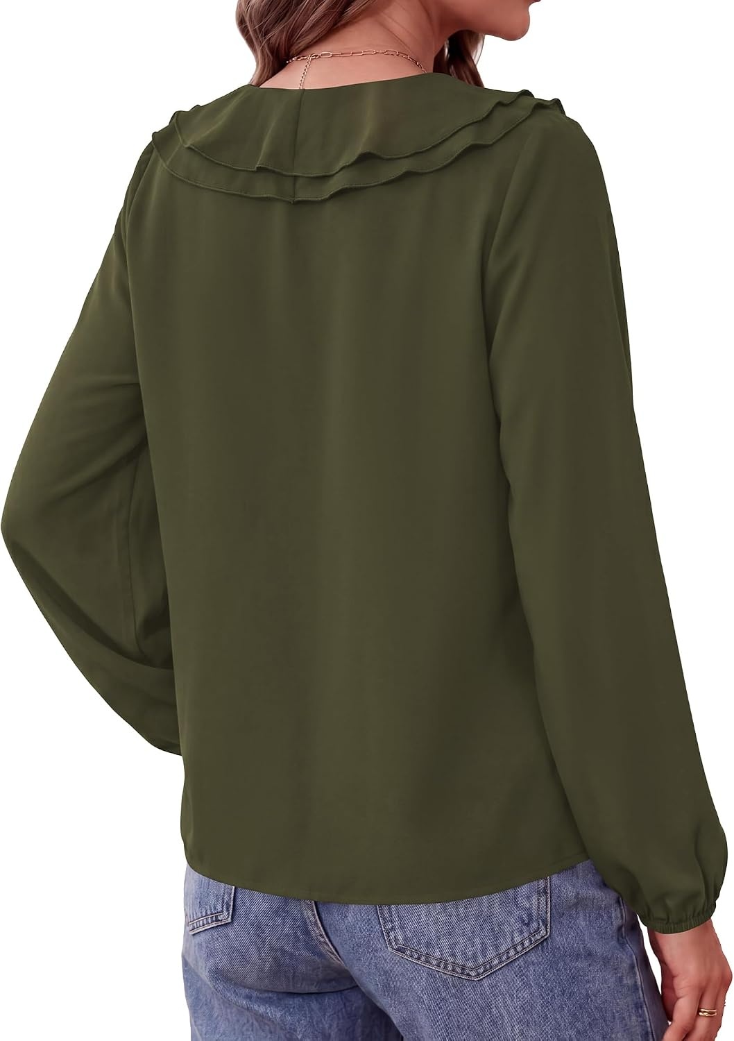 image:imageBTFBM Womens Fall Tops Ruffle Blouses Dressy Casual Double Ruffled Collar V Neck Long Sleeve Shirts Lightweight Fashion Clothing 2026 Trendy Daily Business Office Work ClothesArmy Green