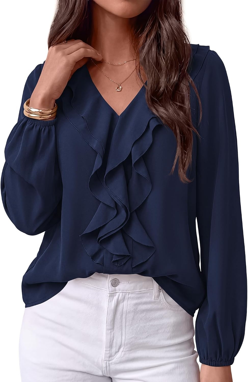 image:imageBTFBM Womens Fall Tops Ruffle Blouses Dressy Casual Double Ruffled Collar V Neck Long Sleeve Shirts Lightweight Fashion Clothing 2026 Trendy Daily Business Office Work ClothesNavy