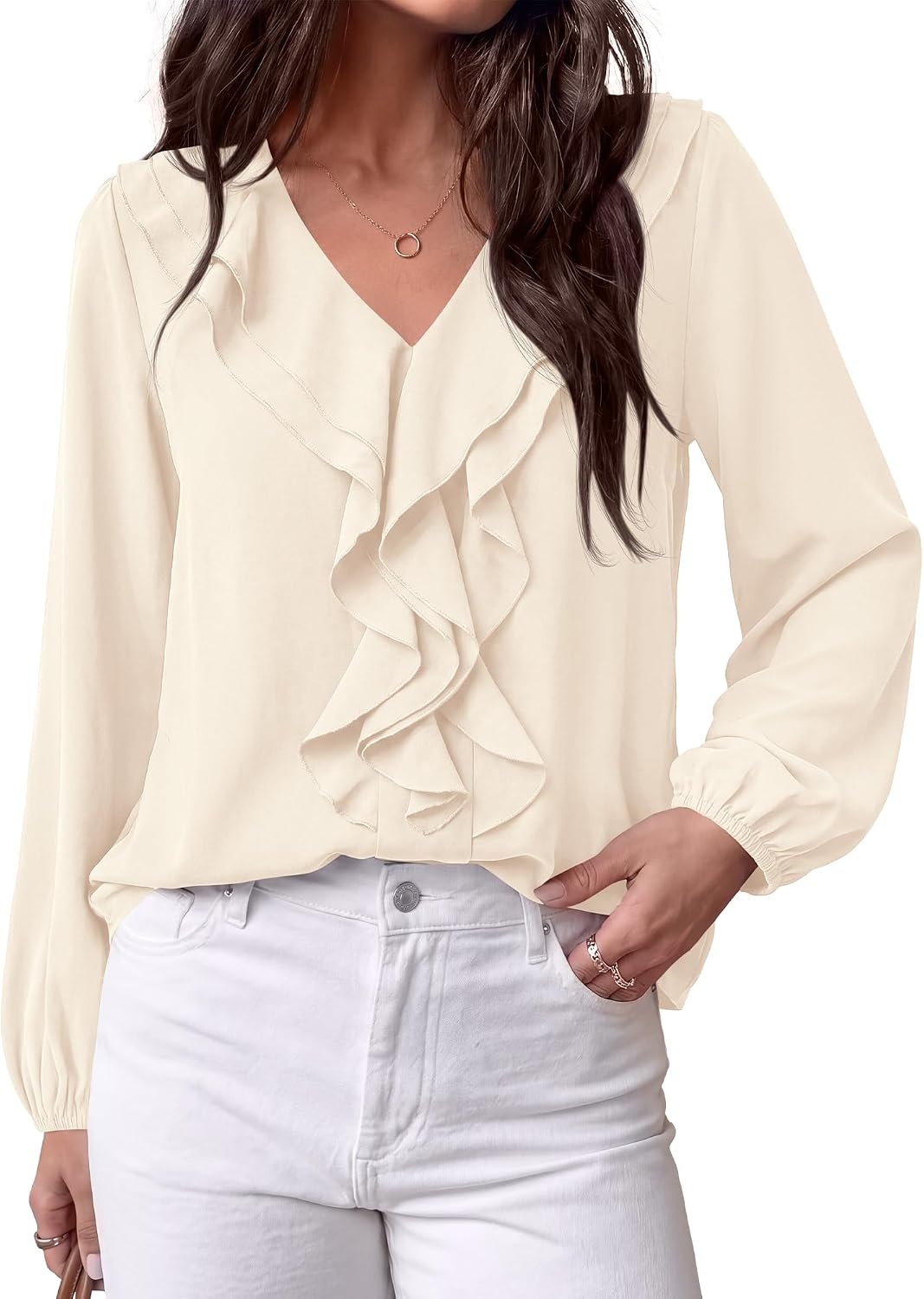 image:imageBTFBM Womens Fall Tops Ruffle Blouses Dressy Casual Double Ruffled Collar V Neck Long Sleeve Shirts Lightweight Fashion Clothing 2026 Trendy Daily Business Office Work ClothesApricot