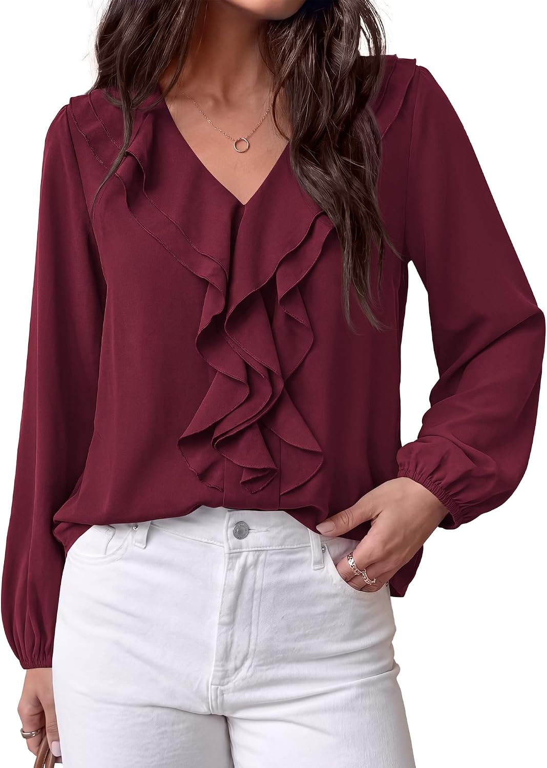 image:imageBTFBM Womens Fall Tops Ruffle Blouses Dressy Casual Double Ruffled Collar V Neck Long Sleeve Shirts Lightweight Fashion Clothing 2026 Trendy Daily Business Office Work ClothesBurgundy