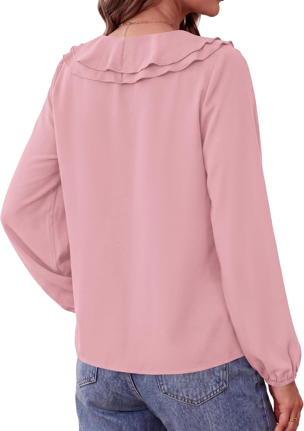 image:imageBTFBM Womens Fall Tops Ruffle Blouses Dressy Casual Double Ruffled Collar V Neck Long Sleeve Shirts Lightweight Fashion Clothing 2026 Trendy Daily Business Office Work ClothesPink
