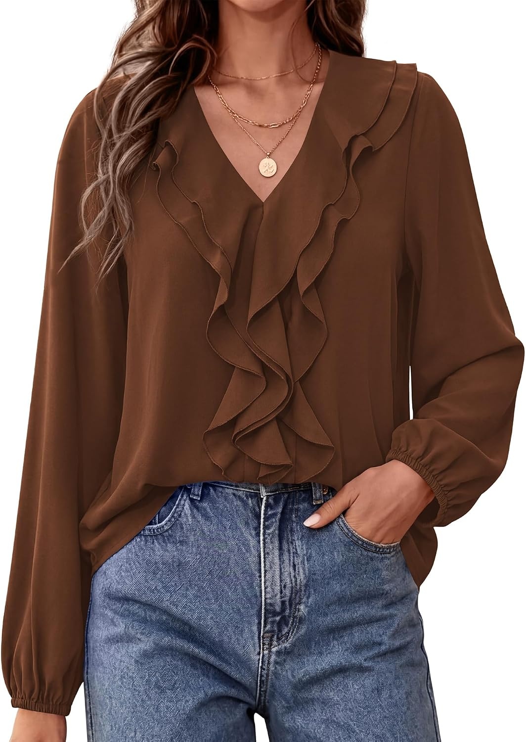 image:imageBTFBM Womens Fall Tops Ruffle Blouses Dressy Casual Double Ruffled Collar V Neck Long Sleeve Shirts Lightweight Fashion Clothing 2026 Trendy Daily Business Office Work ClothesBrown