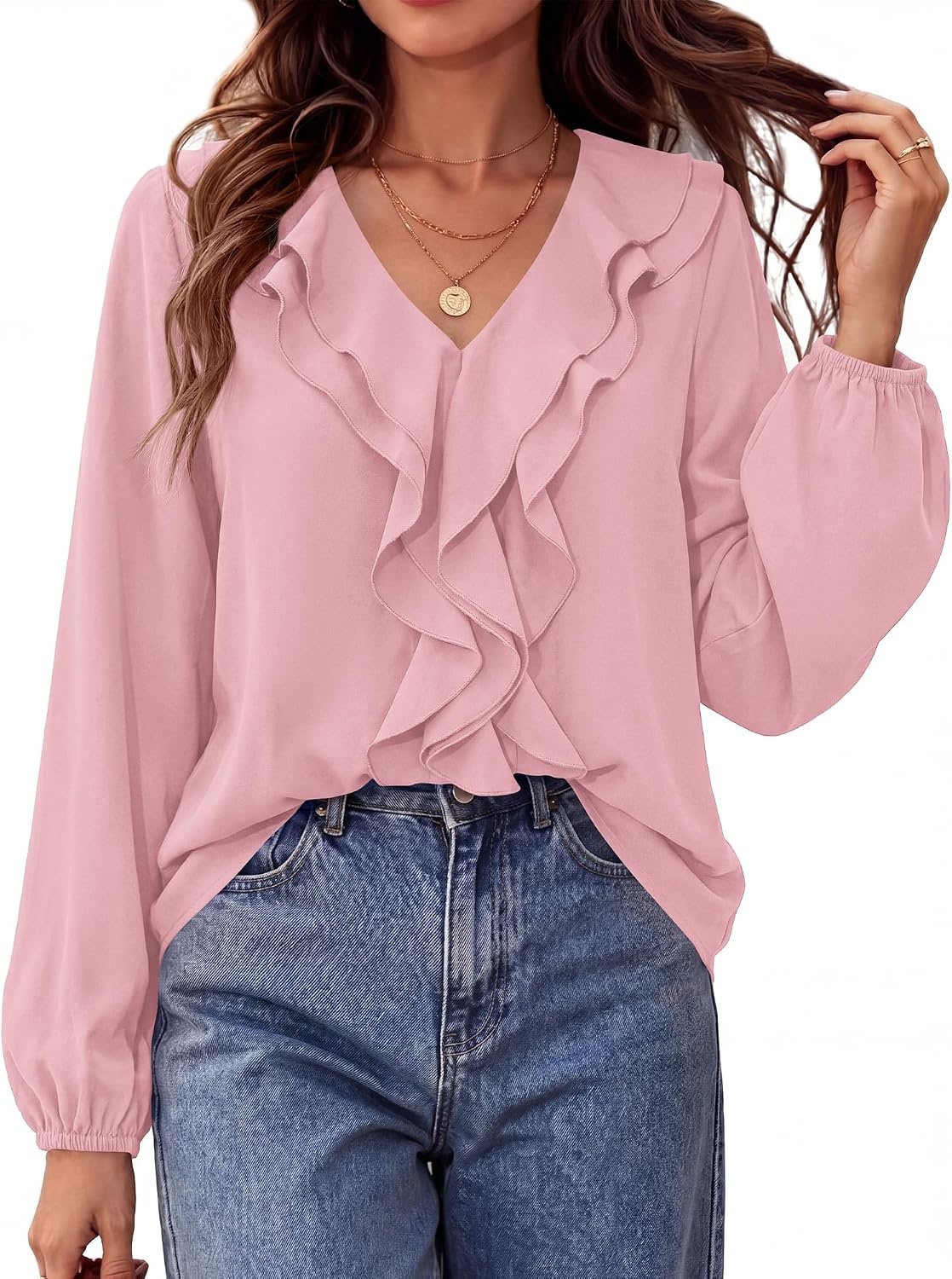 image:imageBTFBM Womens Fall Tops Ruffle Blouses Dressy Casual Double Ruffled Collar V Neck Long Sleeve Shirts Lightweight Fashion Clothing 2026 Trendy Daily Business Office Work ClothesPink