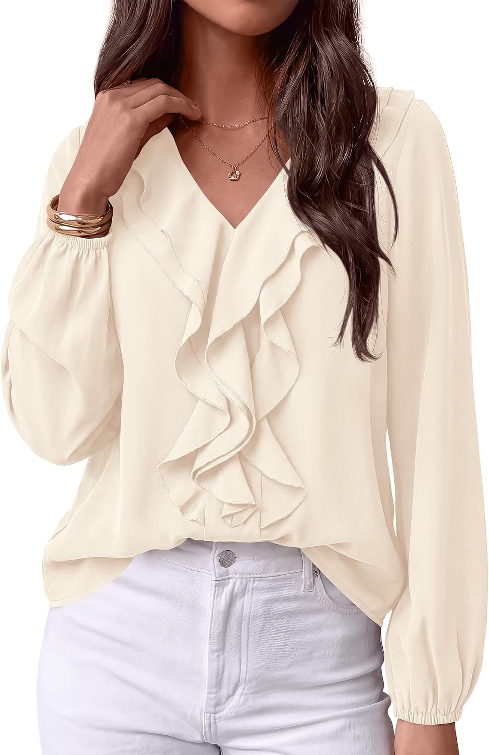 image:imageBTFBM Womens Fall Tops Ruffle Blouses Dressy Casual Double Ruffled Collar V Neck Long Sleeve Shirts Lightweight Fashion Clothing 2026 Trendy Daily Business Office Work ClothesApricot