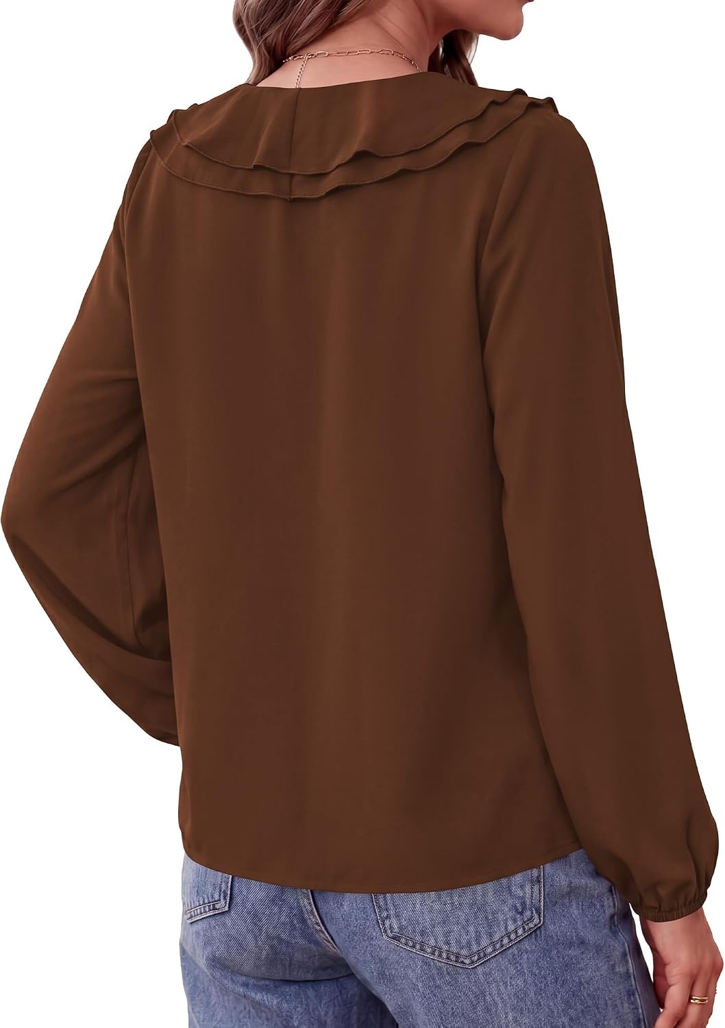 image:imageBTFBM Womens Fall Tops Ruffle Blouses Dressy Casual Double Ruffled Collar V Neck Long Sleeve Shirts Lightweight Fashion Clothing 2026 Trendy Daily Business Office Work ClothesBrown