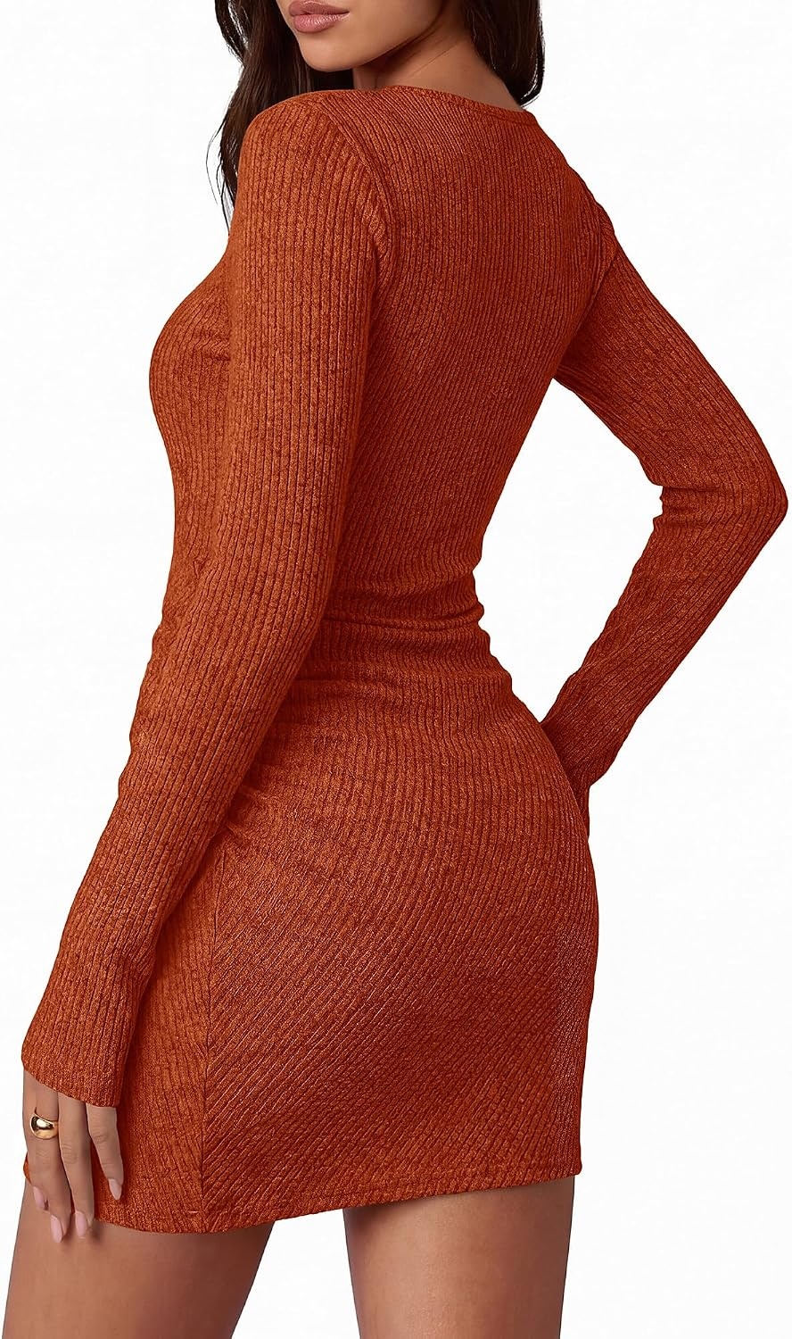 image:imageBTFBM Womens Long Sleeve Bodycon Mini Dress LightweightRuchedRibbedHomecoming Cocktail DressesFall Winter Clothing 2026Brick Red