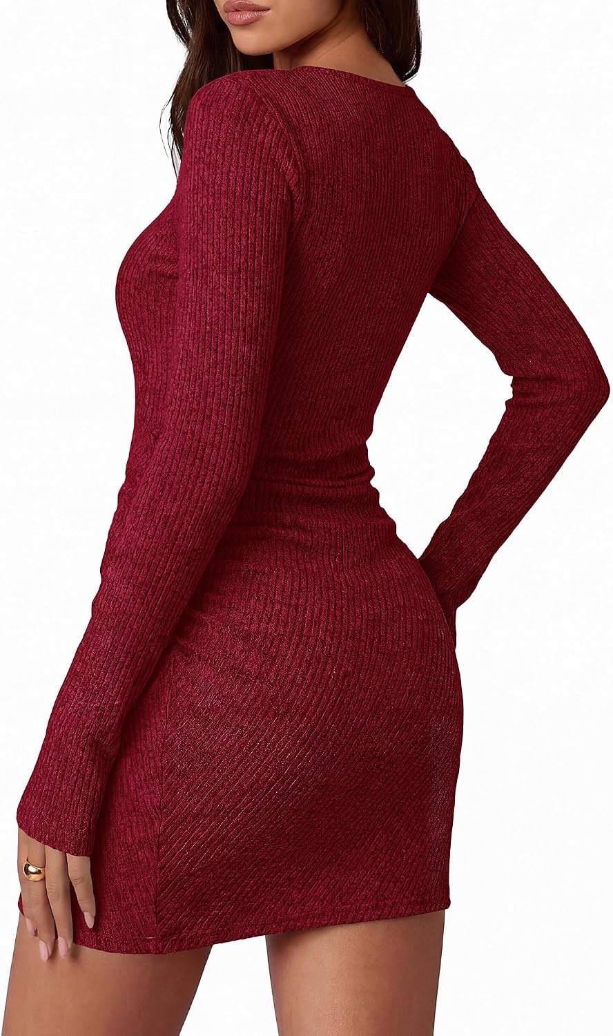 image:imageBTFBM Womens Long Sleeve Bodycon Mini Dress LightweightRuchedRibbedHomecoming Cocktail DressesFall Winter Clothing 2026Red