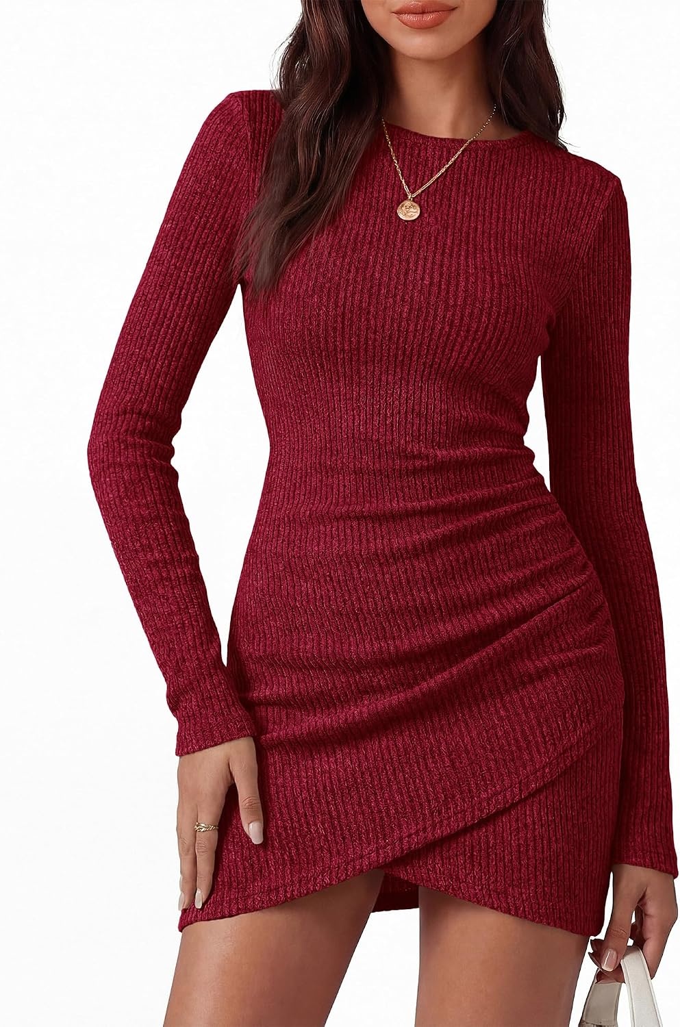 image:imageBTFBM Womens Long Sleeve Bodycon Mini Dress LightweightRuchedRibbedHomecoming Cocktail DressesFall Winter Clothing 2026Red