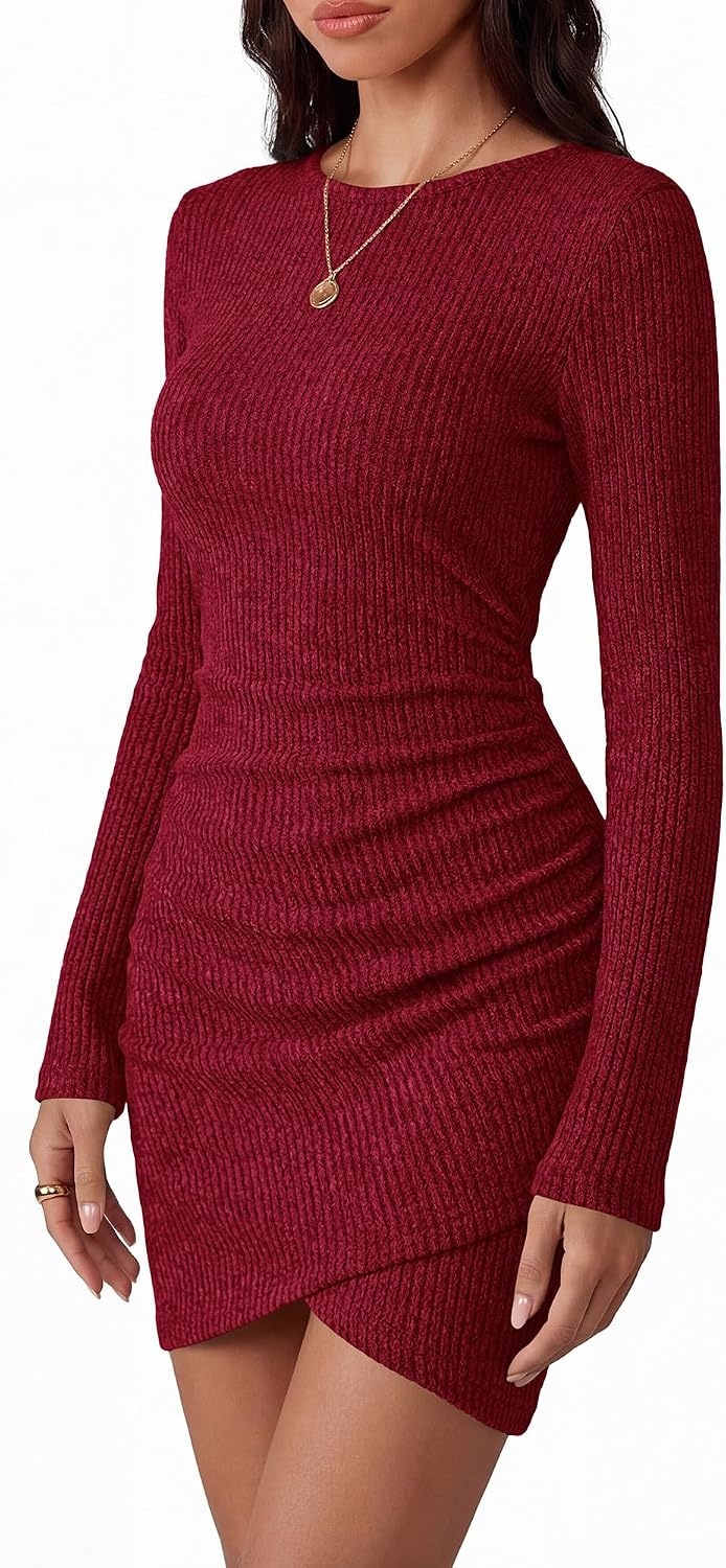 image:imageBTFBM Womens Long Sleeve Bodycon Mini Dress LightweightRuchedRibbedHomecoming Cocktail DressesFall Winter Clothing 2026Red