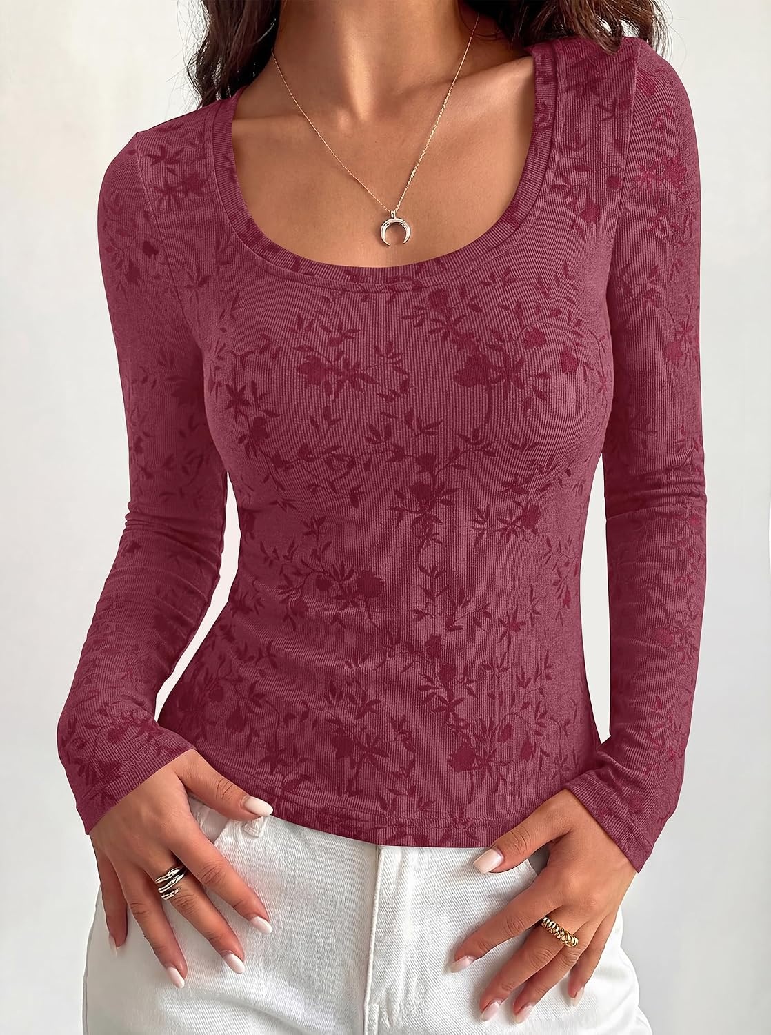 image:imageBTFBM Womens Long Sleeve Scoop Neck Shirts Floral Tops Casual Women Fall Clothes Ribbed Slim Fitted TShirts y2k Fashion Clothing Concert Going Out Top Club Date Night OutfitsBurgundy