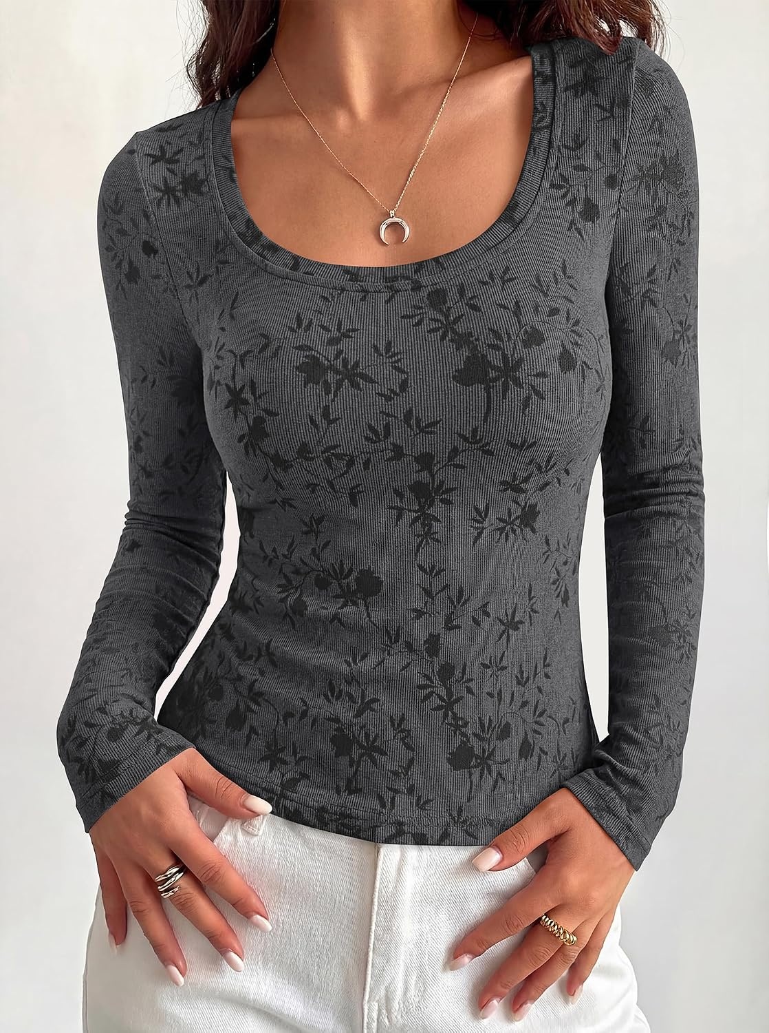 image:imageBTFBM Womens Long Sleeve Scoop Neck Shirts Floral Tops Casual Women Fall Clothes Ribbed Slim Fitted TShirts y2k Fashion Clothing Concert Going Out Top Club Date Night OutfitsBlack Grey