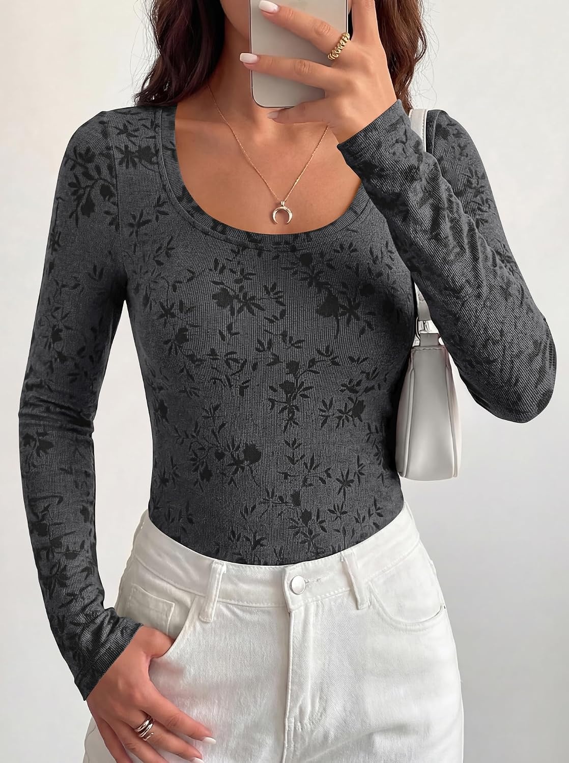 image:imageBTFBM Womens Long Sleeve Scoop Neck Shirts Floral Tops Casual Women Fall Clothes Ribbed Slim Fitted TShirts y2k Fashion Clothing Concert Going Out Top Club Date Night OutfitsBlack Grey
