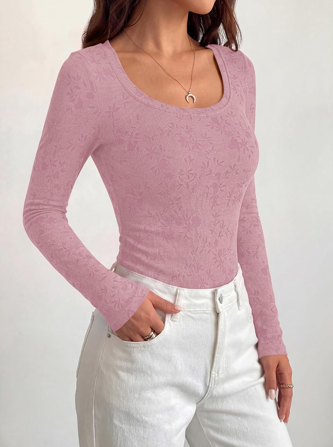 image:imageBTFBM Womens Long Sleeve Scoop Neck Shirts Floral Tops Casual Women Fall Clothes Ribbed Slim Fitted TShirts y2k Fashion Clothing Concert Going Out Top Club Date Night OutfitsPink