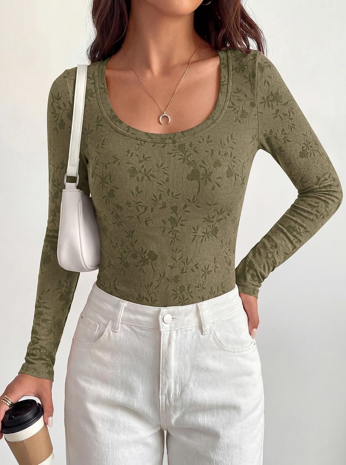 image:imageBTFBM Womens Long Sleeve Scoop Neck Shirts Floral Tops Casual Women Fall Clothes Ribbed Slim Fitted TShirts y2k Fashion Clothing Concert Going Out Top Club Date Night OutfitsArmy Green