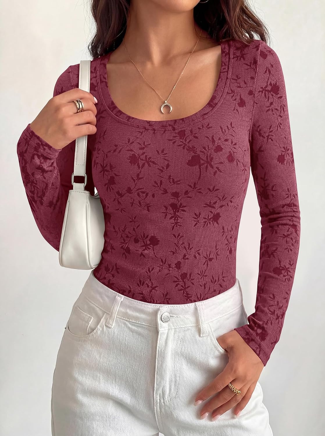 image:imageBTFBM Womens Long Sleeve Scoop Neck Shirts Floral Tops Casual Women Fall Clothes Ribbed Slim Fitted TShirts y2k Fashion Clothing Concert Going Out Top Club Date Night OutfitsBurgundy
