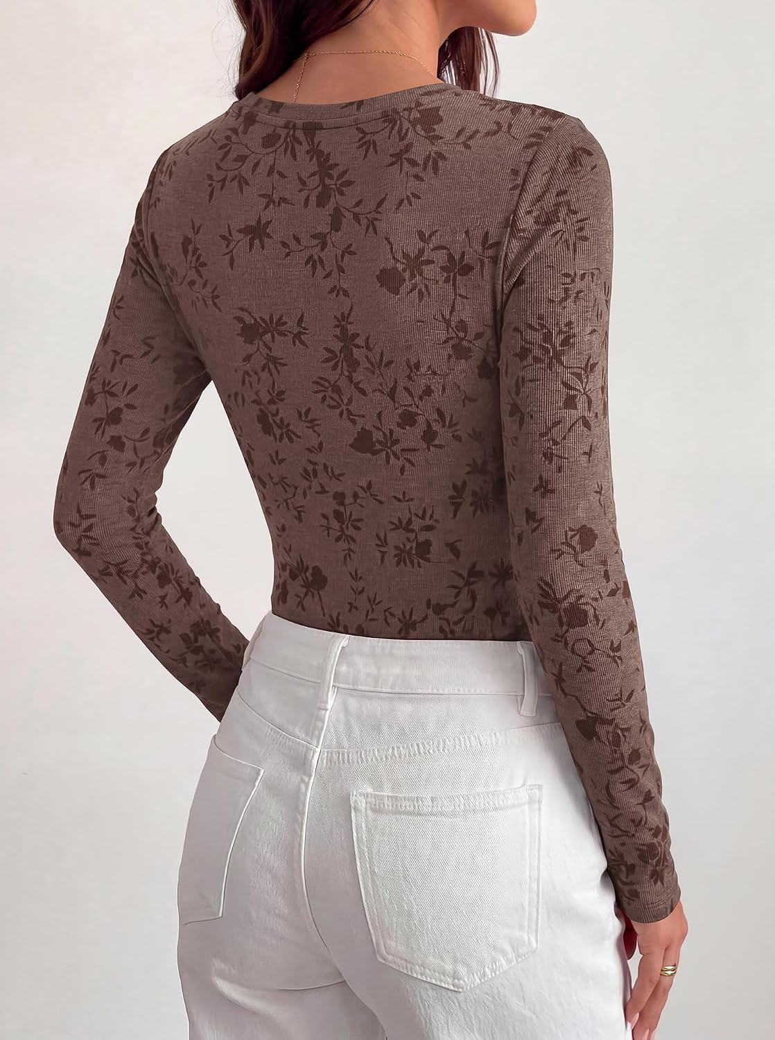 image:imageBTFBM Womens Long Sleeve Scoop Neck Shirts Floral Tops Casual Women Fall Clothes Ribbed Slim Fitted TShirts y2k Fashion Clothing Concert Going Out Top Club Date Night OutfitsBrown