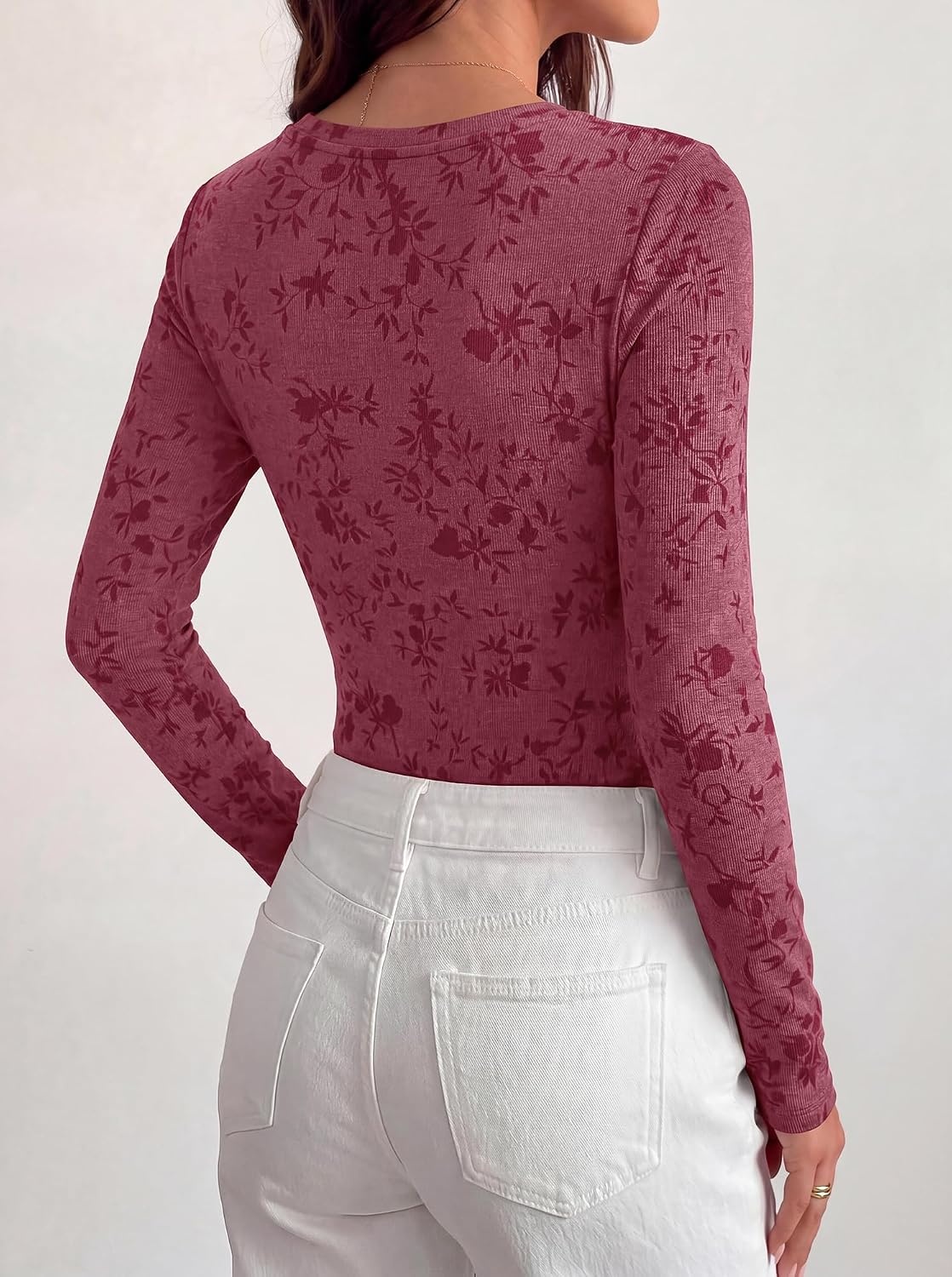 image:imageBTFBM Womens Long Sleeve Scoop Neck Shirts Floral Tops Casual Women Fall Clothes Ribbed Slim Fitted TShirts y2k Fashion Clothing Concert Going Out Top Club Date Night OutfitsBurgundy