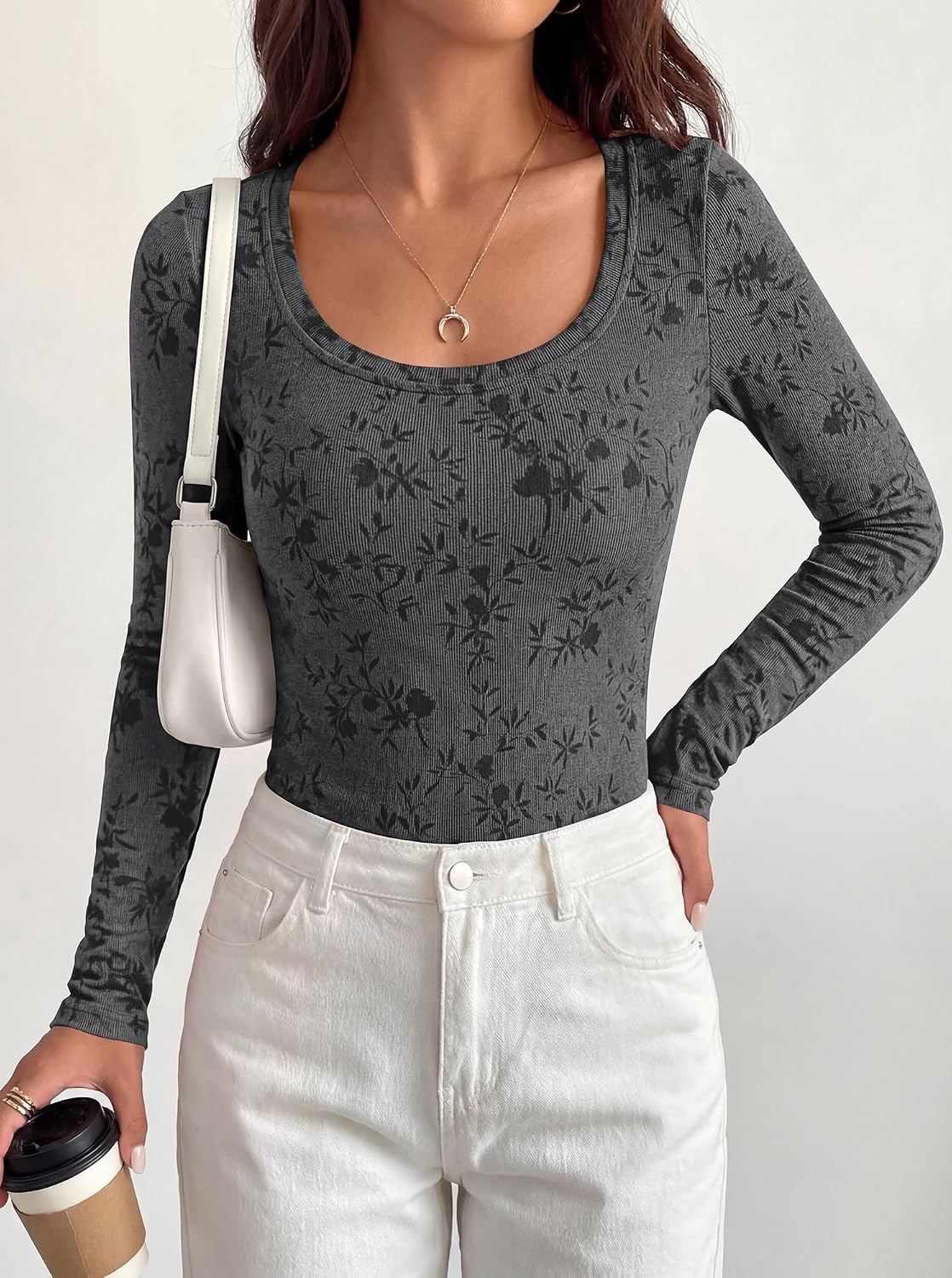 image:imageBTFBM Womens Long Sleeve Scoop Neck Shirts Floral Tops Casual Women Fall Clothes Ribbed Slim Fitted TShirts y2k Fashion Clothing Concert Going Out Top Club Date Night OutfitsBlack Grey