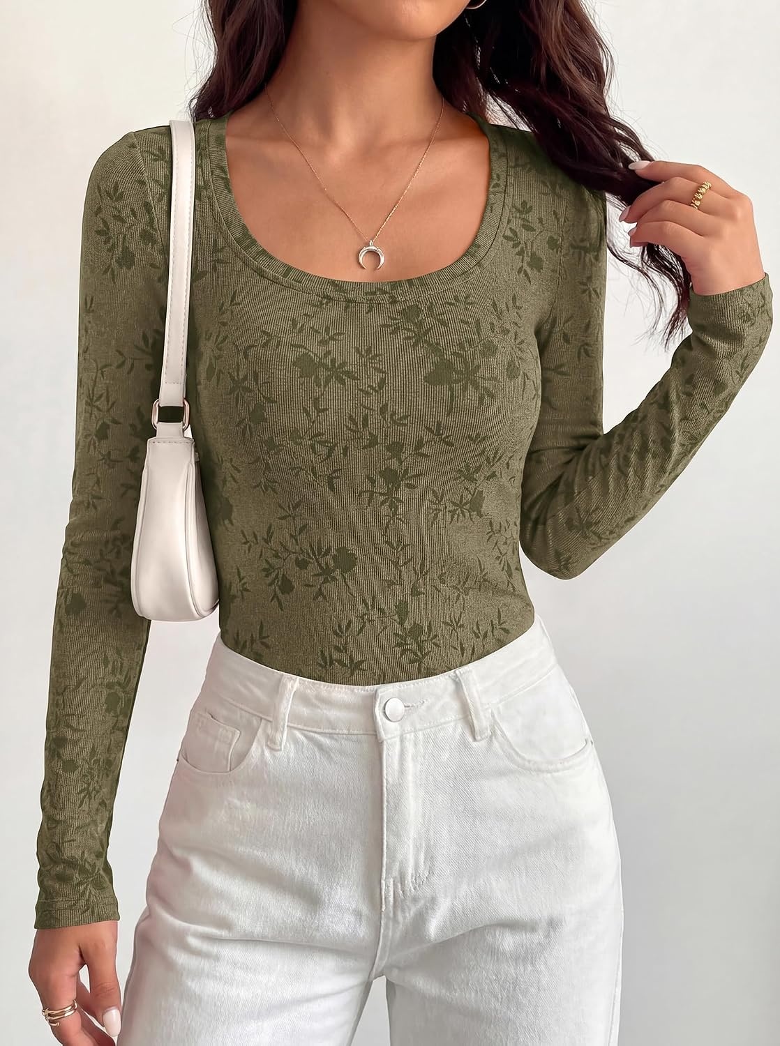 image:imageBTFBM Womens Long Sleeve Scoop Neck Shirts Floral Tops Casual Women Fall Clothes Ribbed Slim Fitted TShirts y2k Fashion Clothing Concert Going Out Top Club Date Night OutfitsArmy Green