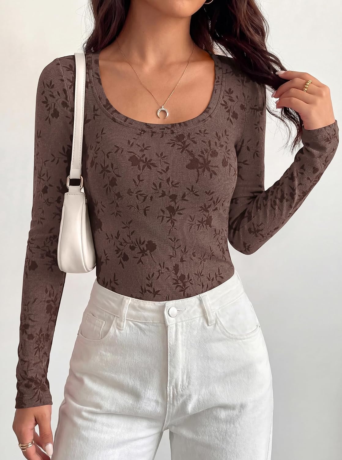 image:imageBTFBM Womens Long Sleeve Scoop Neck Shirts Floral Tops Casual Women Fall Clothes Ribbed Slim Fitted TShirts y2k Fashion Clothing Concert Going Out Top Club Date Night OutfitsBrown