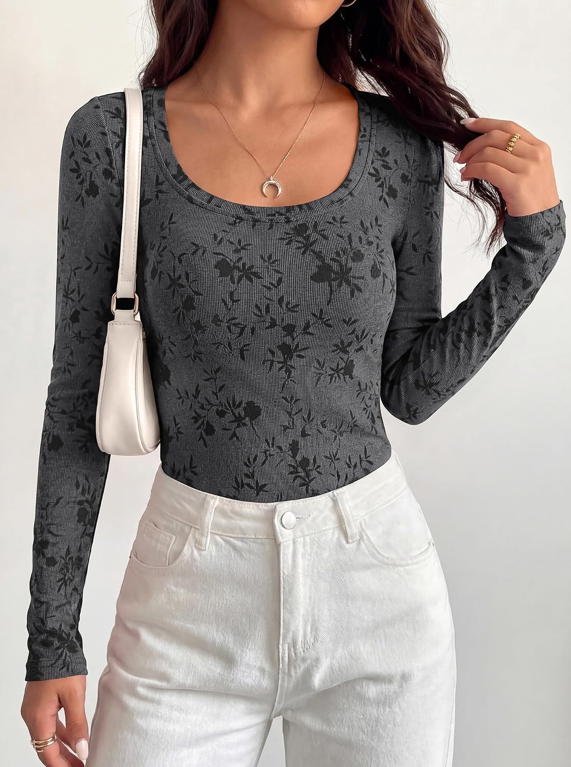 image:imageBTFBM Womens Long Sleeve Scoop Neck Shirts Floral Tops Casual Women Fall Clothes Ribbed Slim Fitted TShirts y2k Fashion Clothing Concert Going Out Top Club Date Night OutfitsBlack Grey