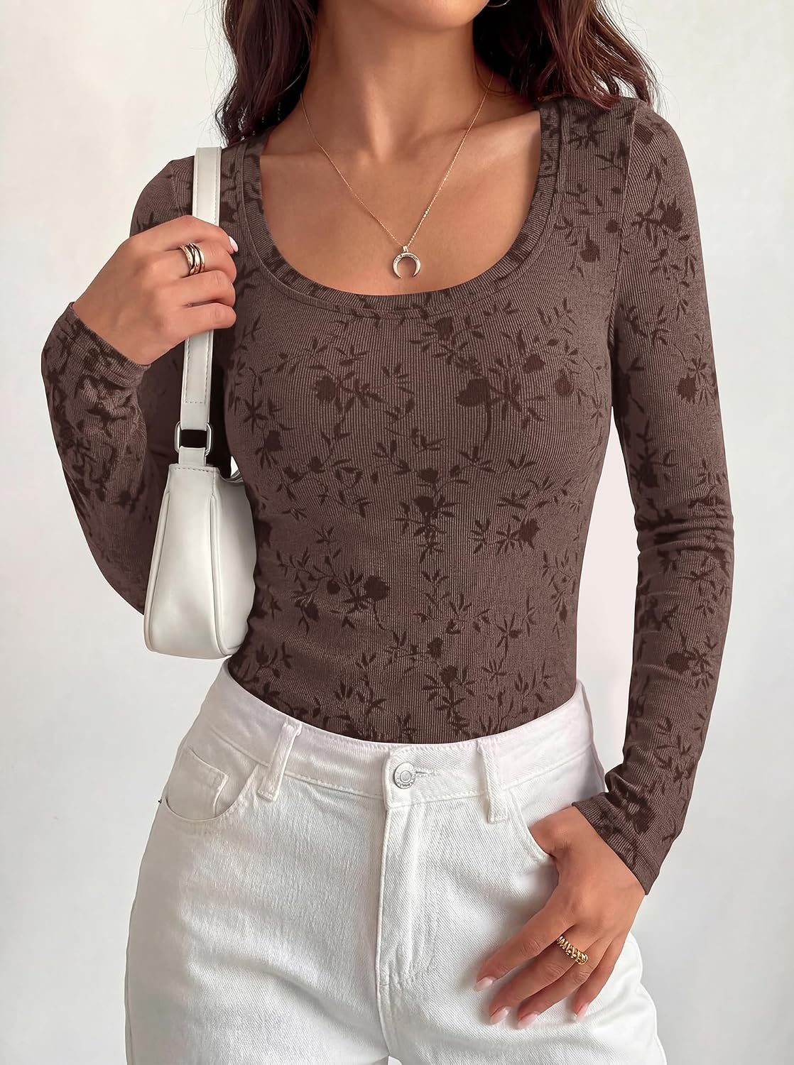 image:imageBTFBM Womens Long Sleeve Scoop Neck Shirts Floral Tops Casual Women Fall Clothes Ribbed Slim Fitted TShirts y2k Fashion Clothing Concert Going Out Top Club Date Night OutfitsBrown
