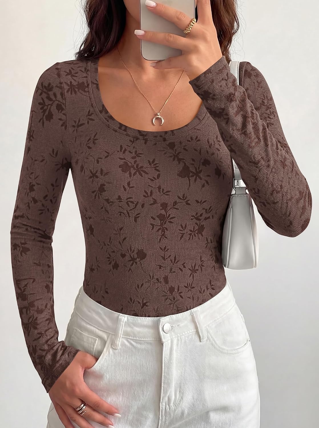 image:imageBTFBM Womens Long Sleeve Scoop Neck Shirts Floral Tops Casual Women Fall Clothes Ribbed Slim Fitted TShirts y2k Fashion Clothing Concert Going Out Top Club Date Night OutfitsBrown