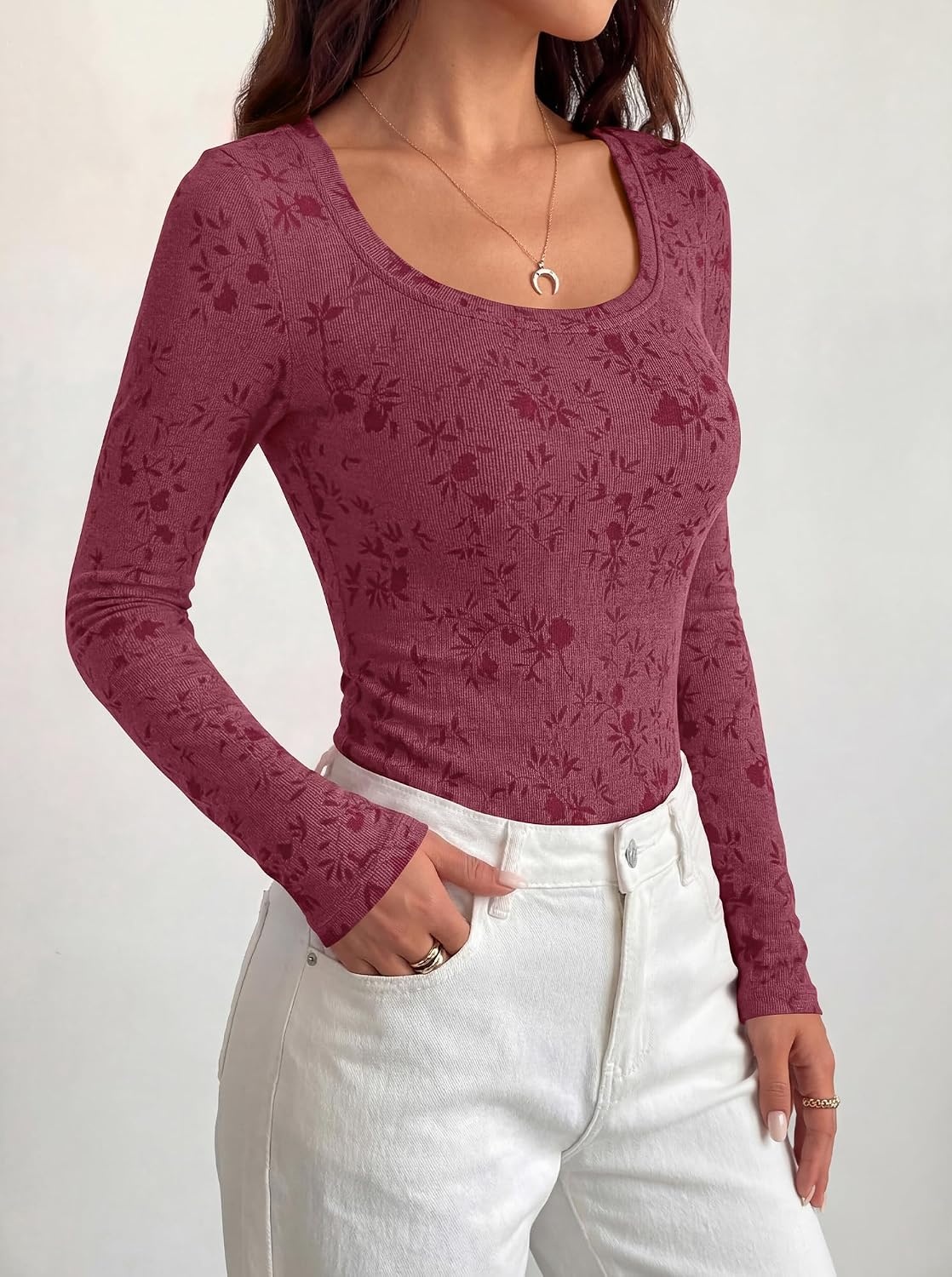 image:imageBTFBM Womens Long Sleeve Scoop Neck Shirts Floral Tops Casual Women Fall Clothes Ribbed Slim Fitted TShirts y2k Fashion Clothing Concert Going Out Top Club Date Night OutfitsBurgundy