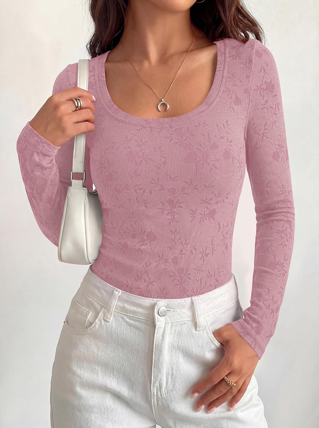 image:imageBTFBM Womens Long Sleeve Scoop Neck Shirts Floral Tops Casual Women Fall Clothes Ribbed Slim Fitted TShirts y2k Fashion Clothing Concert Going Out Top Club Date Night OutfitsPink