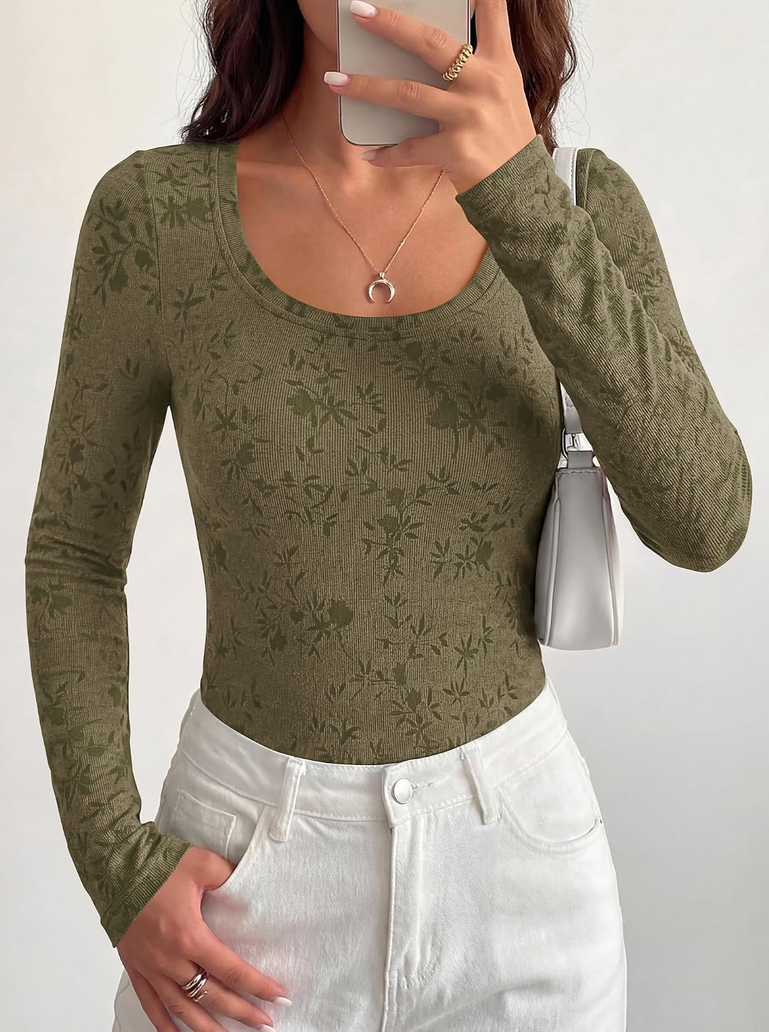 image:imageBTFBM Womens Long Sleeve Scoop Neck Shirts Floral Tops Casual Women Fall Clothes Ribbed Slim Fitted TShirts y2k Fashion Clothing Concert Going Out Top Club Date Night OutfitsArmy Green