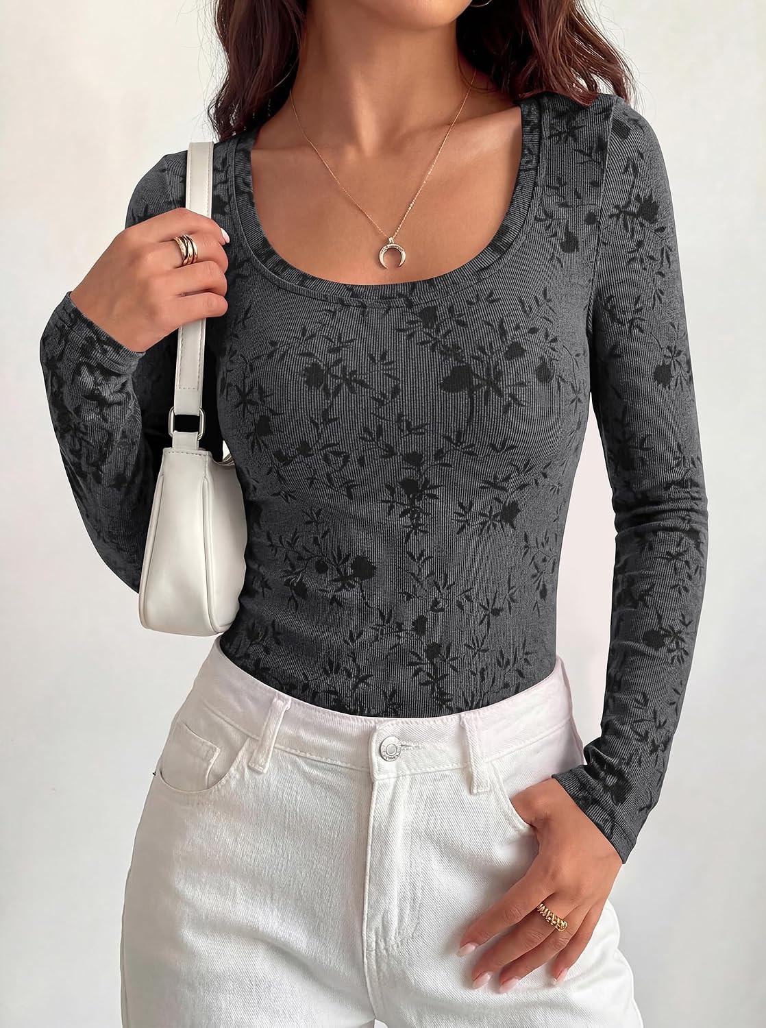 image:imageBTFBM Womens Long Sleeve Scoop Neck Shirts Floral Tops Casual Women Fall Clothes Ribbed Slim Fitted TShirts y2k Fashion Clothing Concert Going Out Top Club Date Night OutfitsBlack Grey