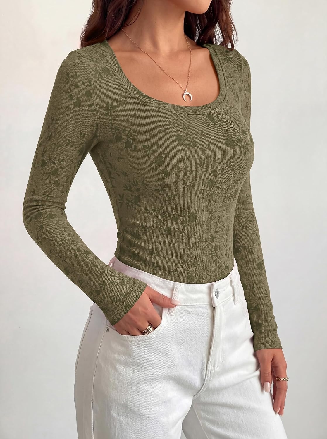image:imageBTFBM Womens Long Sleeve Scoop Neck Shirts Floral Tops Casual Women Fall Clothes Ribbed Slim Fitted TShirts y2k Fashion Clothing Concert Going Out Top Club Date Night OutfitsArmy Green