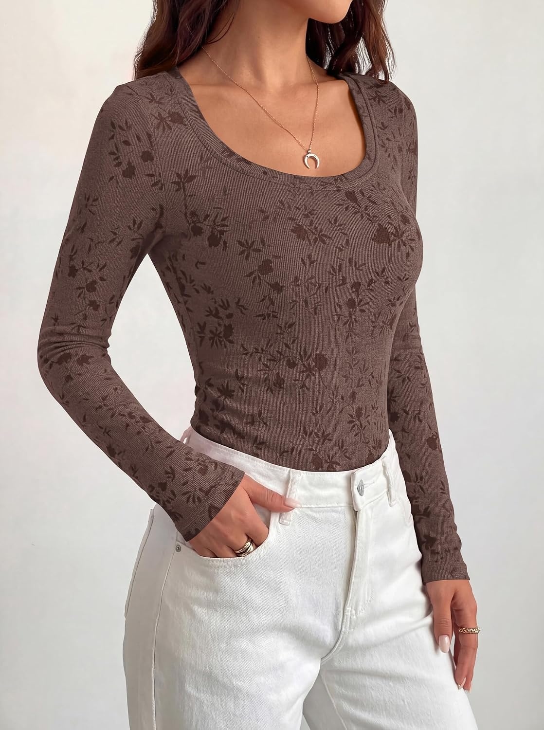 image:imageBTFBM Womens Long Sleeve Scoop Neck Shirts Floral Tops Casual Women Fall Clothes Ribbed Slim Fitted TShirts y2k Fashion Clothing Concert Going Out Top Club Date Night OutfitsBrown