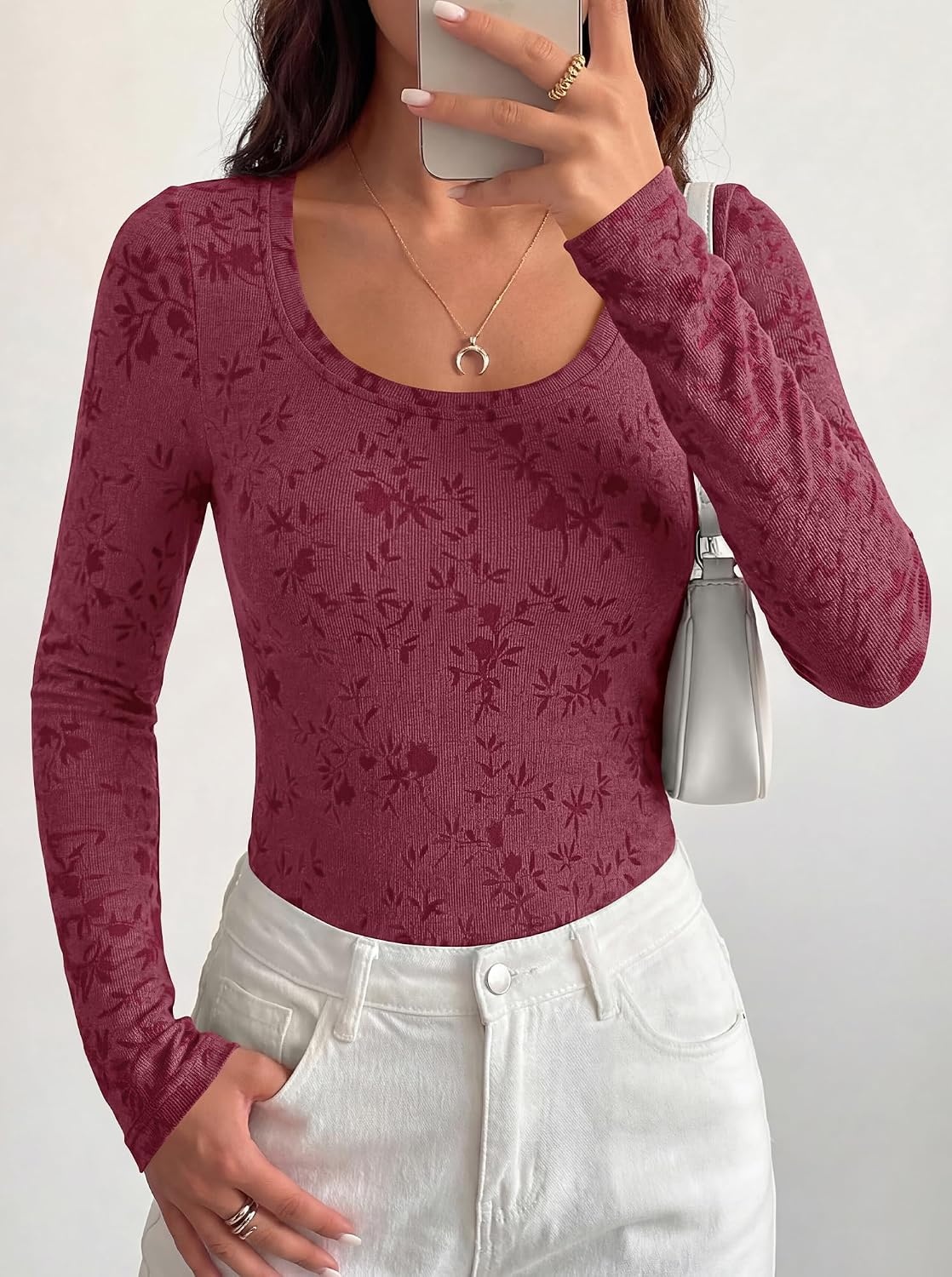 image:imageBTFBM Womens Long Sleeve Scoop Neck Shirts Floral Tops Casual Women Fall Clothes Ribbed Slim Fitted TShirts y2k Fashion Clothing Concert Going Out Top Club Date Night OutfitsBurgundy