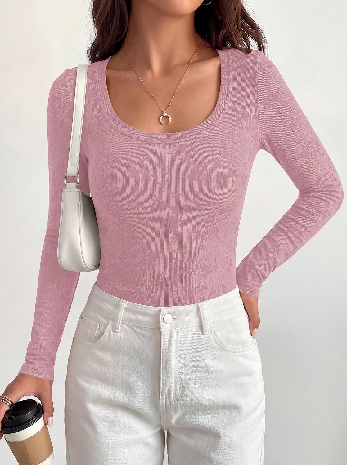 image:imageBTFBM Womens Long Sleeve Scoop Neck Shirts Floral Tops Casual Women Fall Clothes Ribbed Slim Fitted TShirts y2k Fashion Clothing Concert Going Out Top Club Date Night OutfitsPink
