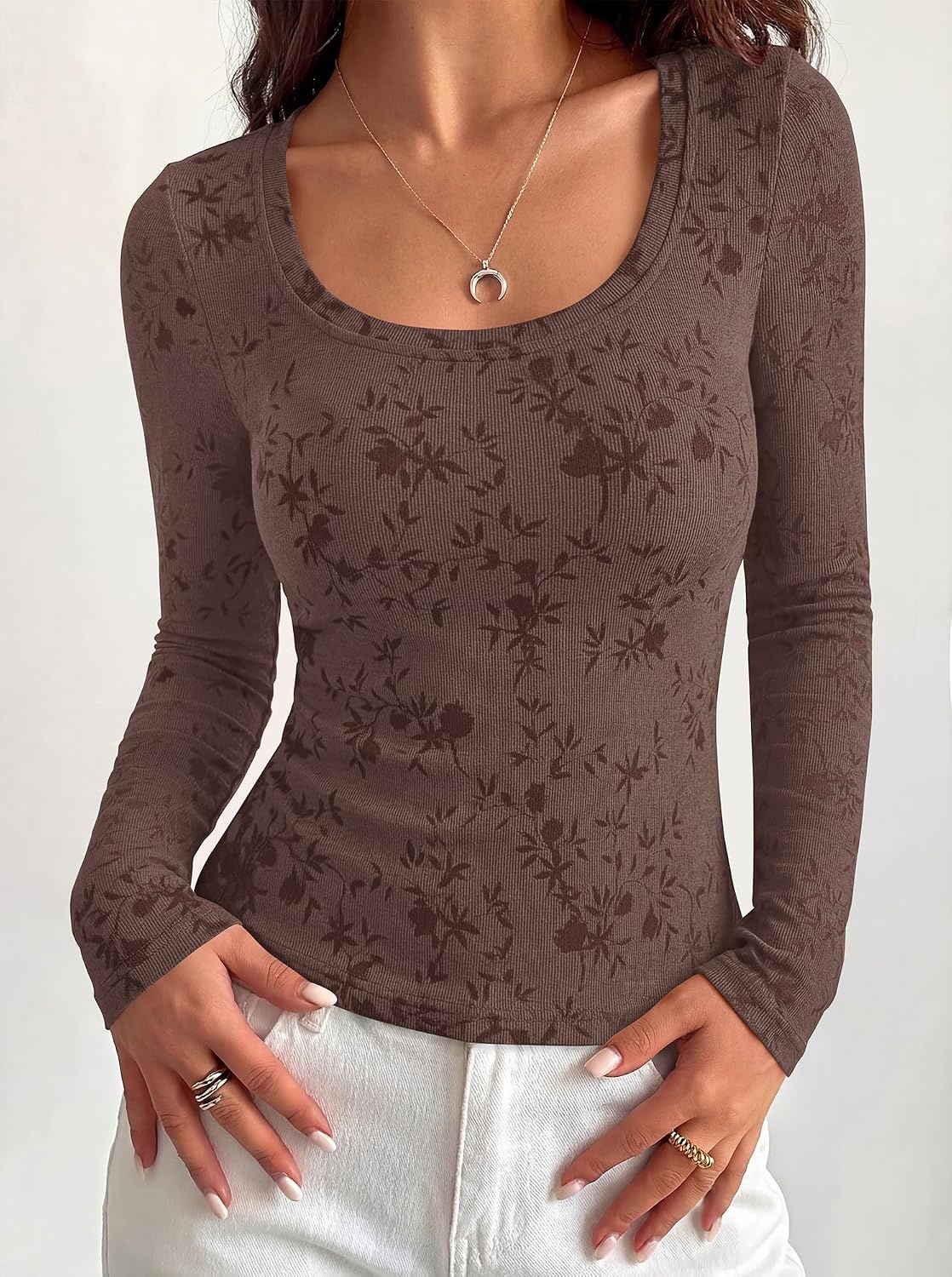 image:imageBTFBM Womens Long Sleeve Scoop Neck Shirts Floral Tops Casual Women Fall Clothes Ribbed Slim Fitted TShirts y2k Fashion Clothing Concert Going Out Top Club Date Night OutfitsBrown