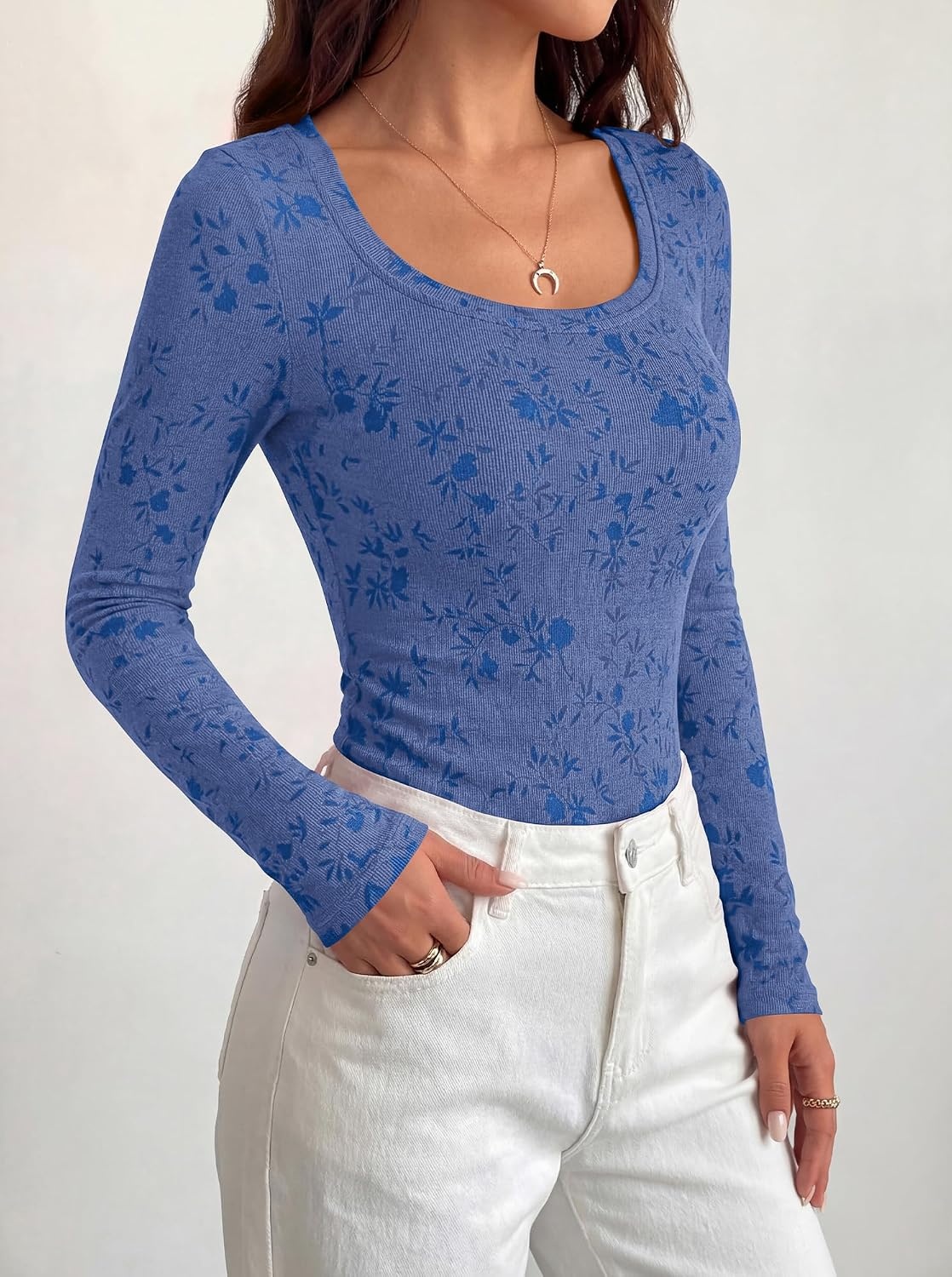 image:imageBTFBM Womens Long Sleeve Scoop Neck Shirts Floral Tops Casual Women Fall Clothes Ribbed Slim Fitted TShirts y2k Fashion Clothing Concert Going Out Top Club Date Night OutfitsRoyal Blue