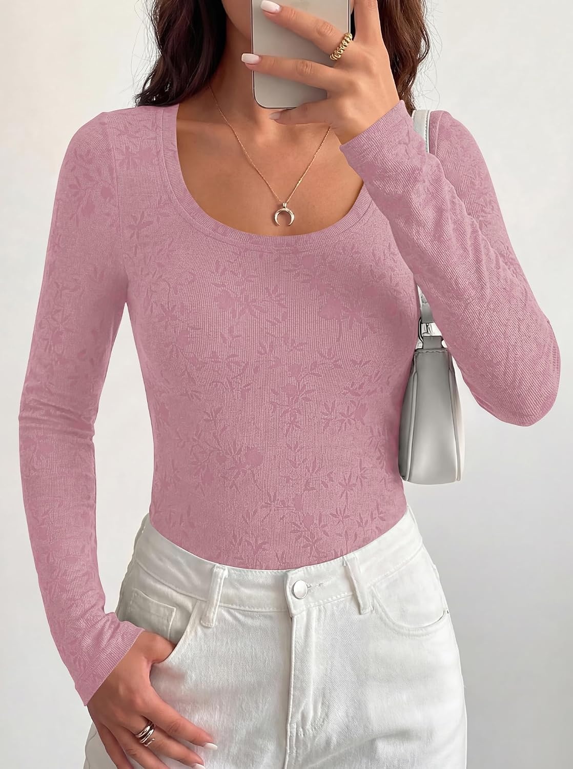 image:imageBTFBM Womens Long Sleeve Scoop Neck Shirts Floral Tops Casual Women Fall Clothes Ribbed Slim Fitted TShirts y2k Fashion Clothing Concert Going Out Top Club Date Night OutfitsPink