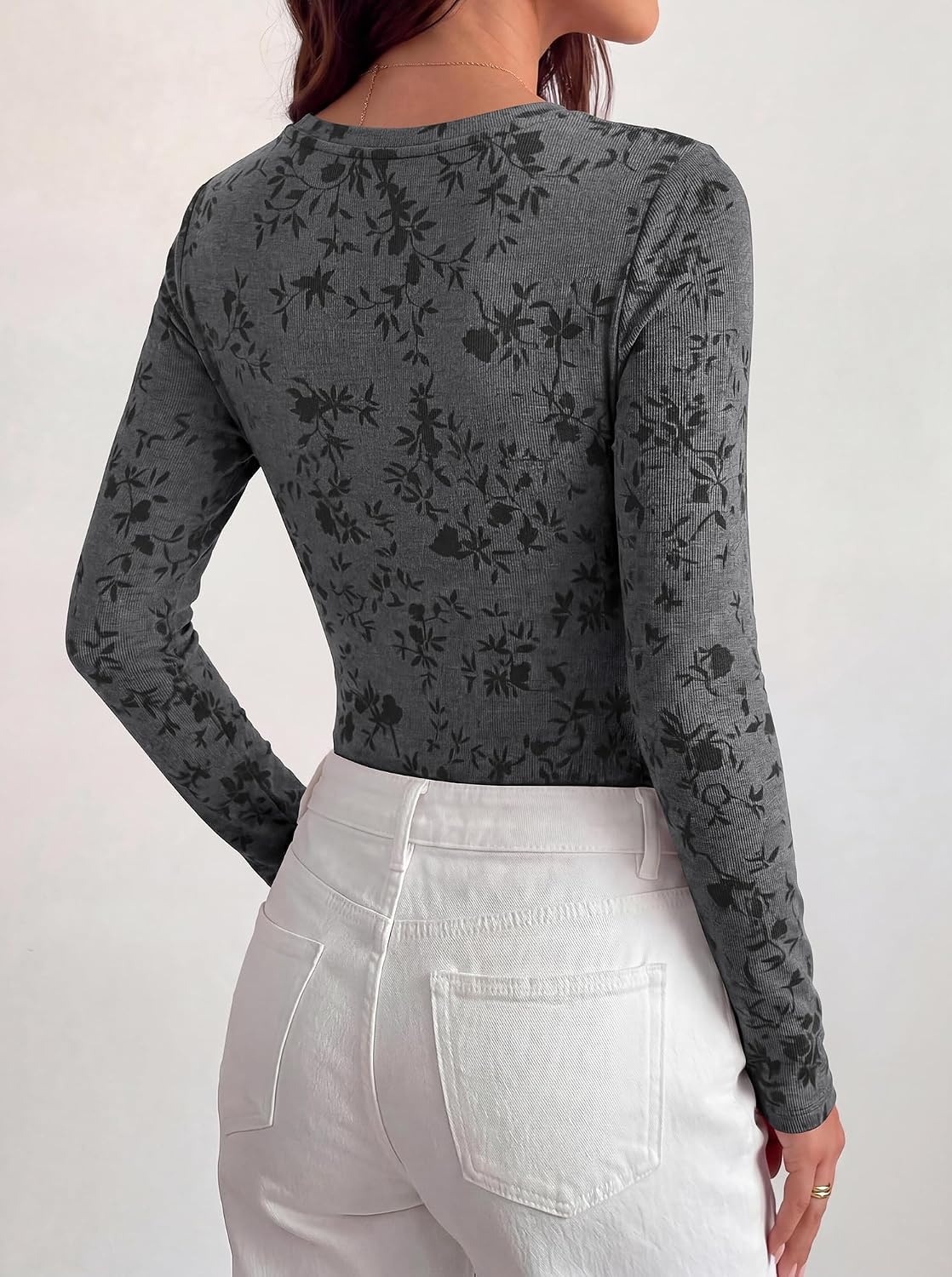 image:imageBTFBM Womens Long Sleeve Scoop Neck Shirts Floral Tops Casual Women Fall Clothes Ribbed Slim Fitted TShirts y2k Fashion Clothing Concert Going Out Top Club Date Night OutfitsBlack Grey