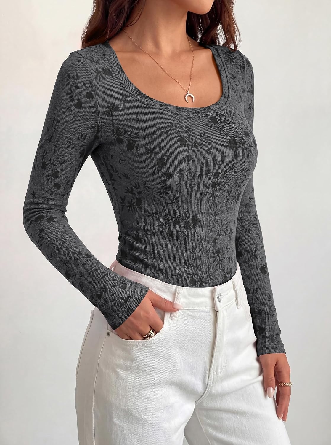 image:imageBTFBM Womens Long Sleeve Scoop Neck Shirts Floral Tops Casual Women Fall Clothes Ribbed Slim Fitted TShirts y2k Fashion Clothing Concert Going Out Top Club Date Night OutfitsBlack Grey