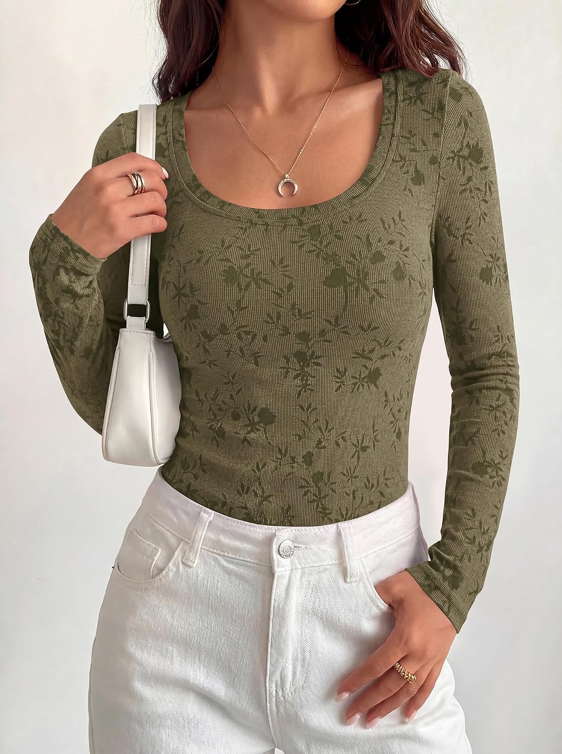 image:imageBTFBM Womens Long Sleeve Scoop Neck Shirts Floral Tops Casual Women Fall Clothes Ribbed Slim Fitted TShirts y2k Fashion Clothing Concert Going Out Top Club Date Night OutfitsArmy Green