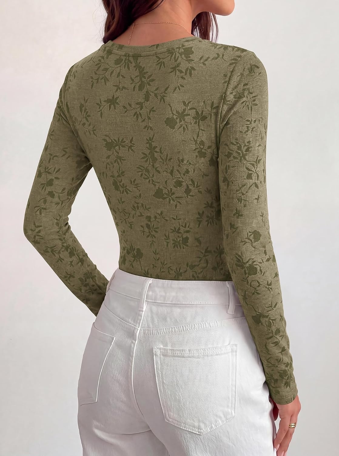 image:imageBTFBM Womens Long Sleeve Scoop Neck Shirts Floral Tops Casual Women Fall Clothes Ribbed Slim Fitted TShirts y2k Fashion Clothing Concert Going Out Top Club Date Night OutfitsArmy Green