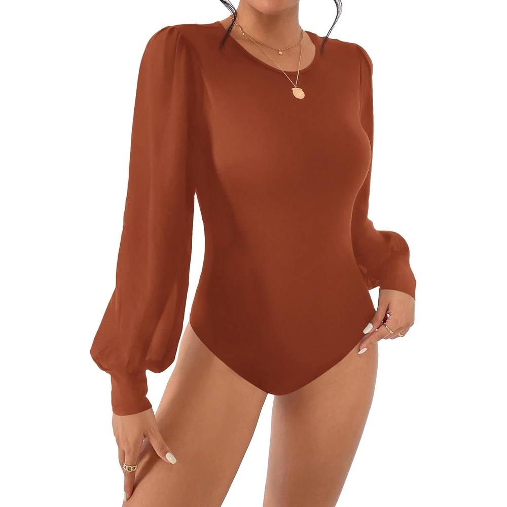 image:imageBTFBM Long Puff Sleeve Bodysuits for Women 2026  Crew Neck 2 Snap Crotch Thong ShapewearStretchy Knit High Cut LeotardsCasual Y2K Going Out TopsWinter LayerFall FashionRed Brown
